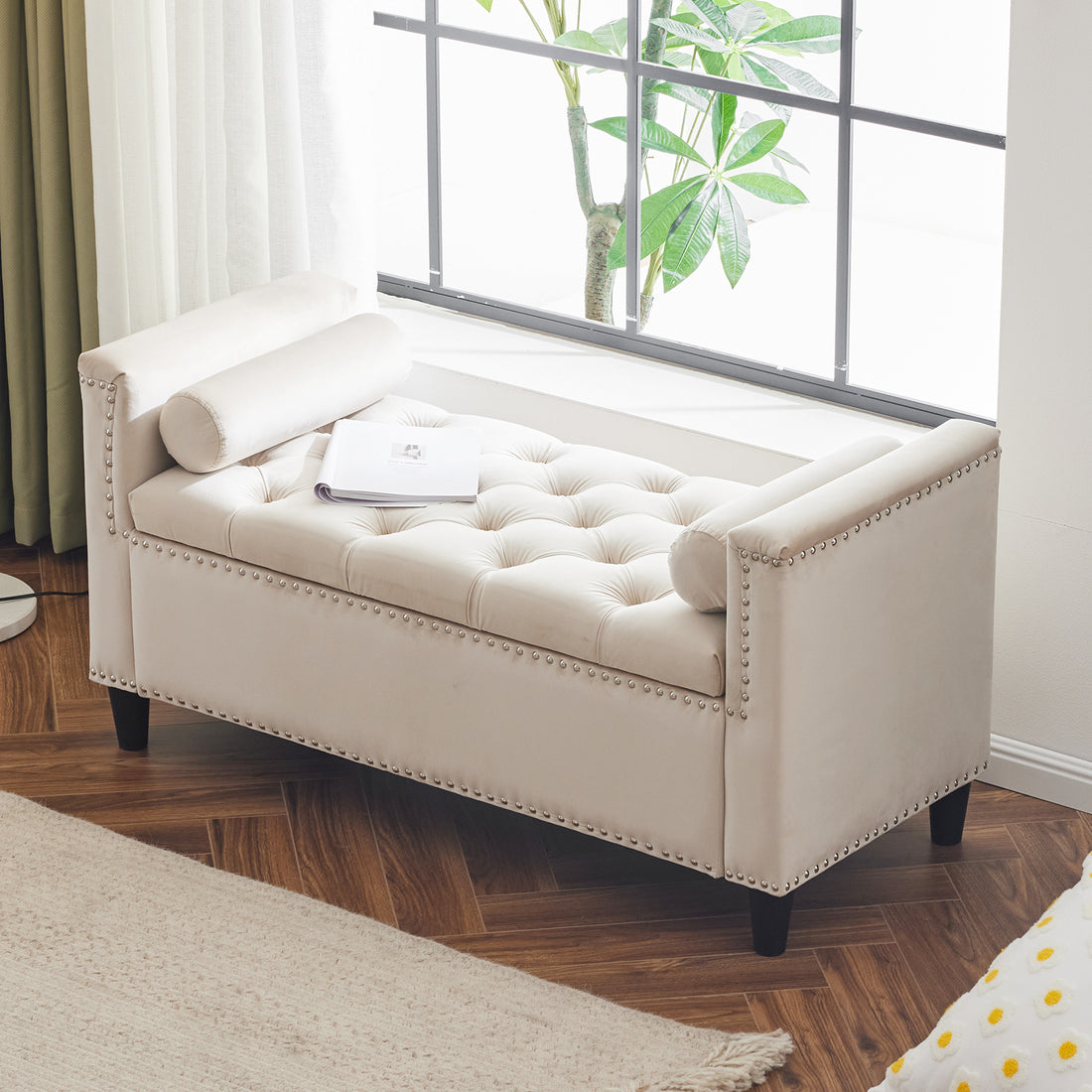 Storage Bench, 44.5 Inch Queen Velvet Button Bedside Bench, Entryway Living Room With Armrests, Trim, Upholstered Bedroom Bench, Bedside Ottoman, Living Room, Entryway, Cream Armrest Cream White White Velvet Primary Living Space Solid Black Modern Wood