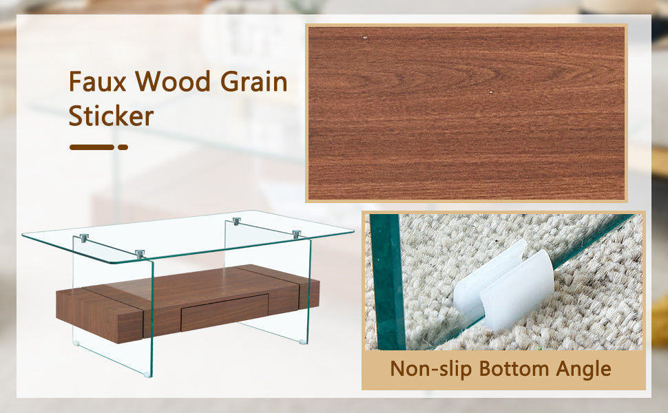 43.3 Inch Modern Two Tier Coffee Table Clear Tempered Glass And Dark Wood Grain, Multifunctional Storage Design.The Bottom Tier Includes A Drawer.Can Be Used As A Coffee Table,Side Table,Etc.