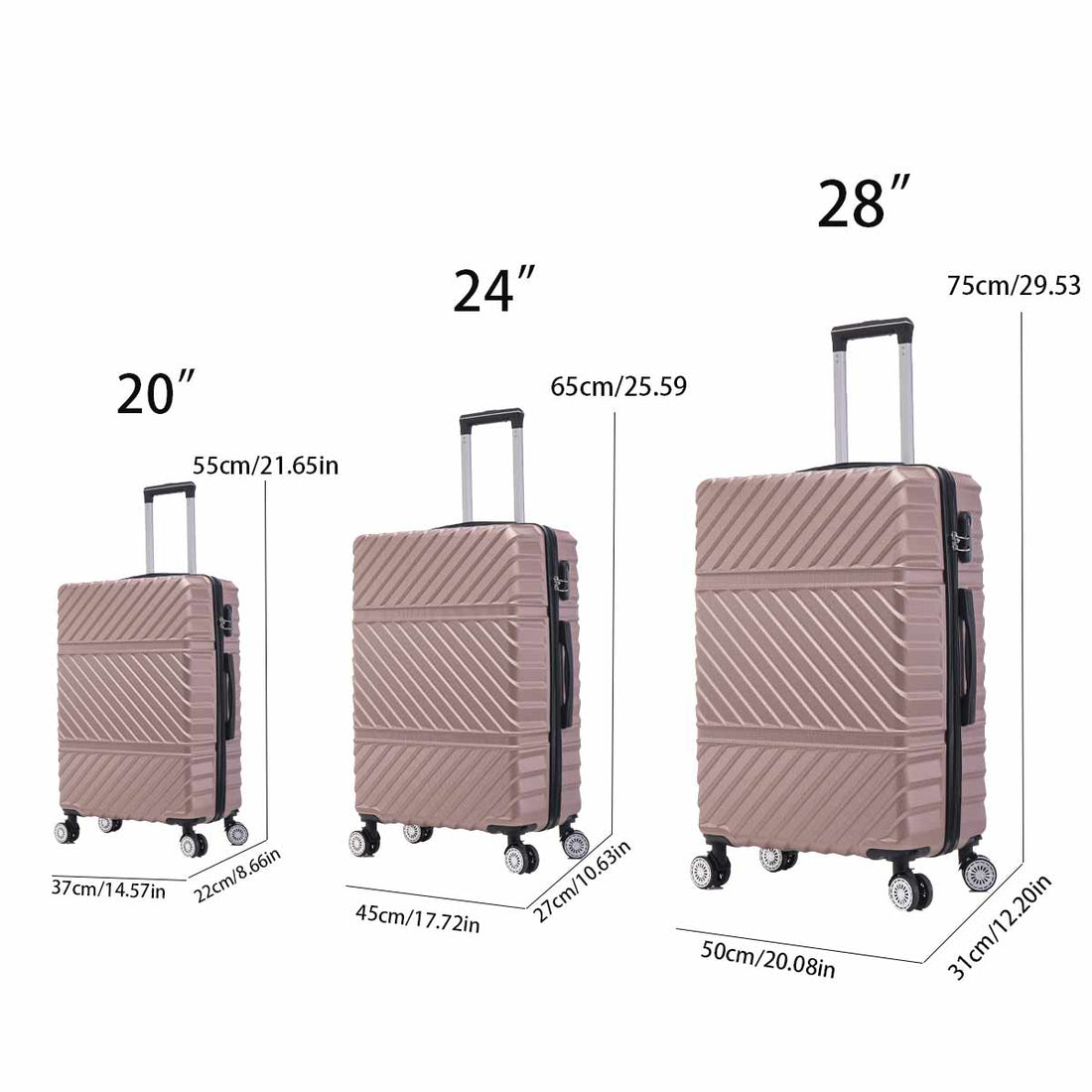 3 Piece Travel Lightweight Suitcase With Wheels, Password Lock, Business And Travel Carry On Luggage, Rose Gold 20 Inches 24 Inches 28 Inches Rose Gold Abs