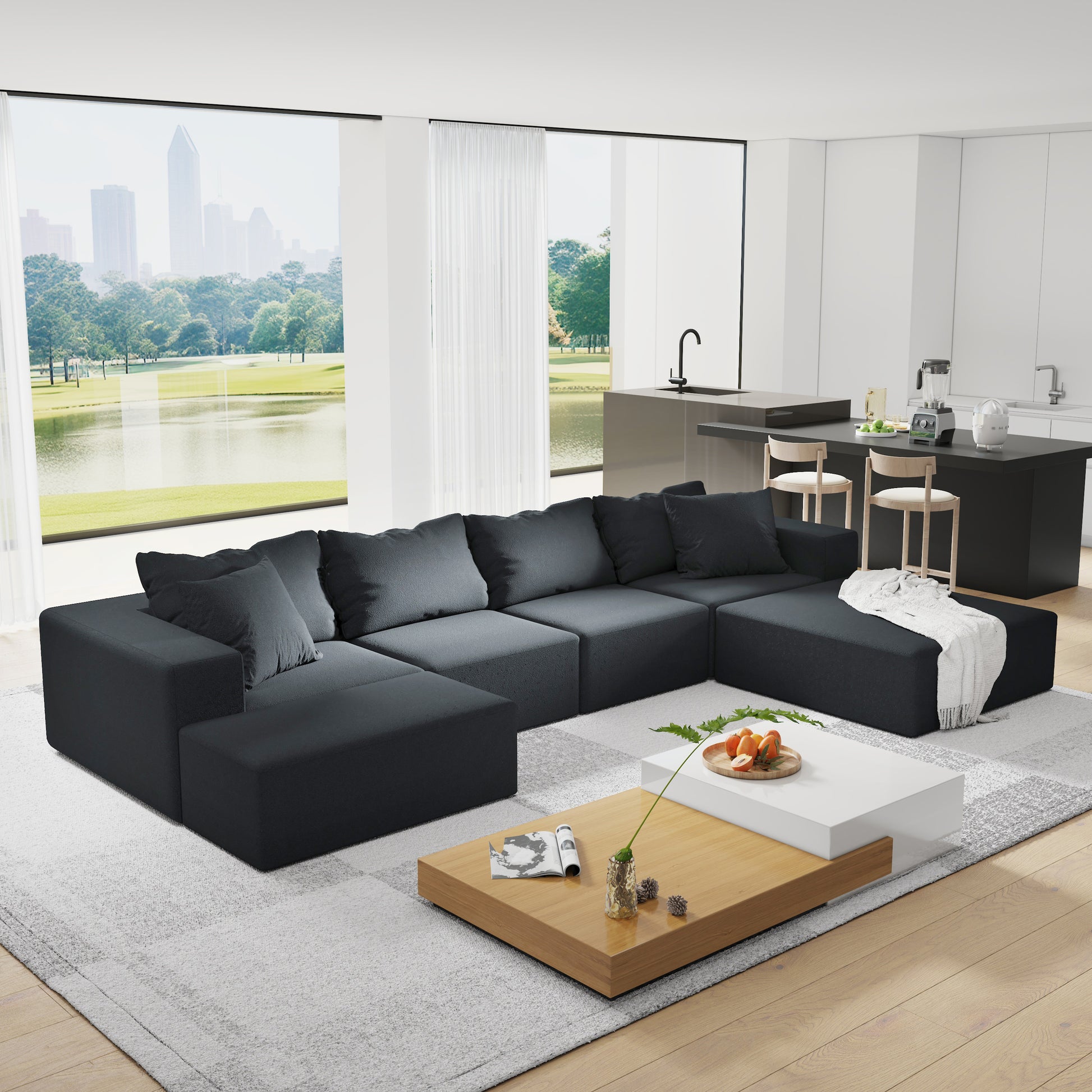 Modern Upholstered Sectional Sofa Couch Set,Modular 132" L Shaped Sectional Living Room Sofa Set With 6 Pillows,Free Combination Sofa Couch For Living Room,Bedroom Black Foam Chenille 6 Seat