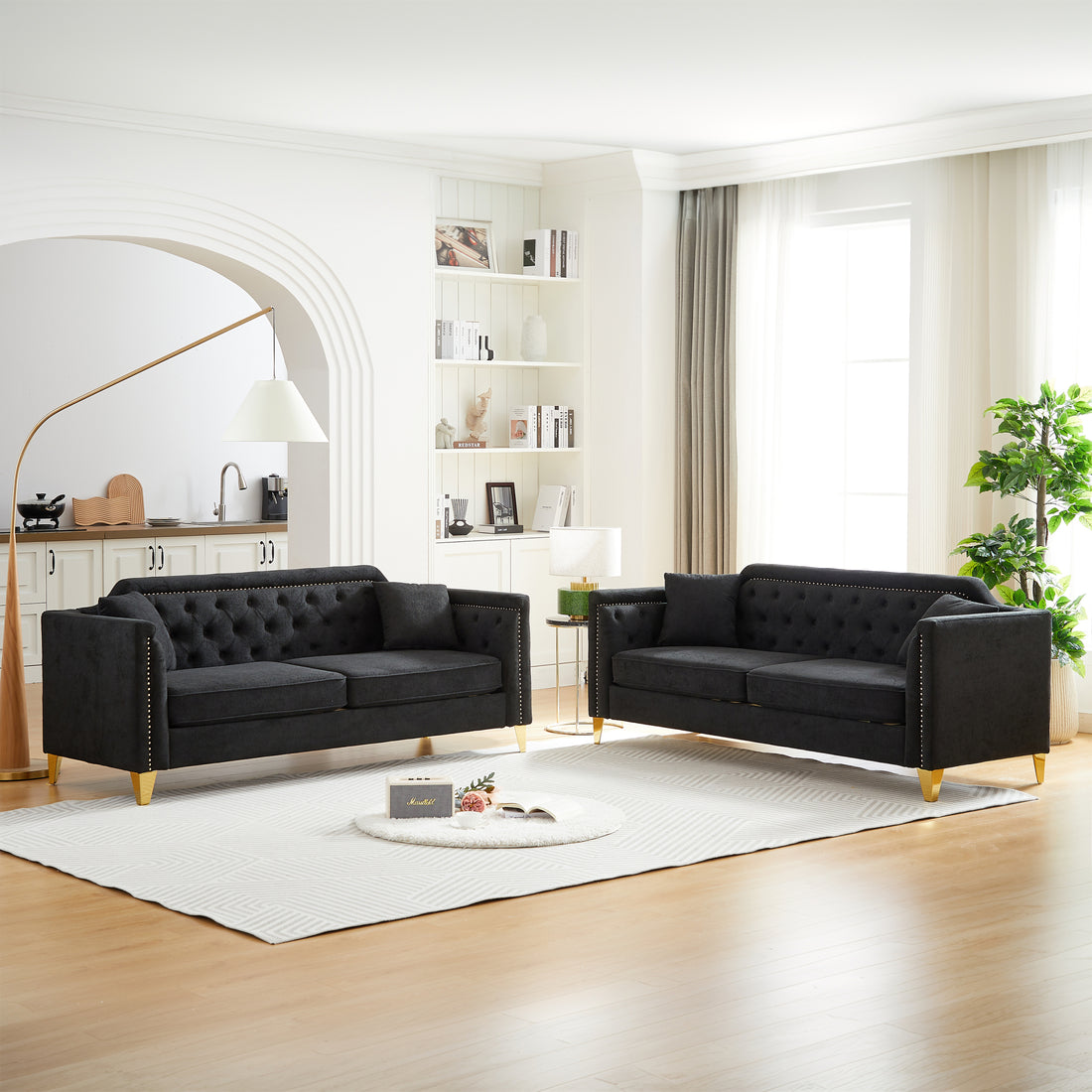 Fx 3 Seater 3 Seater Combo Sofa Mid Century Modern Living Room Sofa With Solid Wood Frame And Solid Metal Legs, 4 Cushions, Apartment Sofa Furniture Black Chenille Wood Pine Foam Fabric 6 Seat