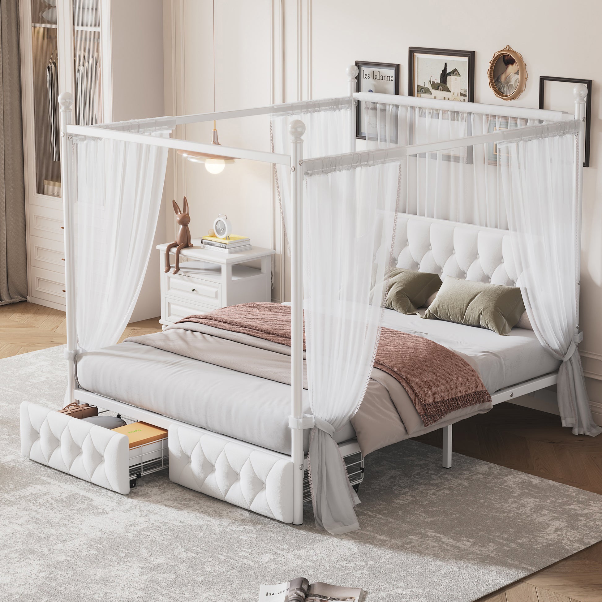 Queen Size Metal Canopy Platform Bed With Upholstered Headboard And Two Storage Drawers, White Queen White Metal