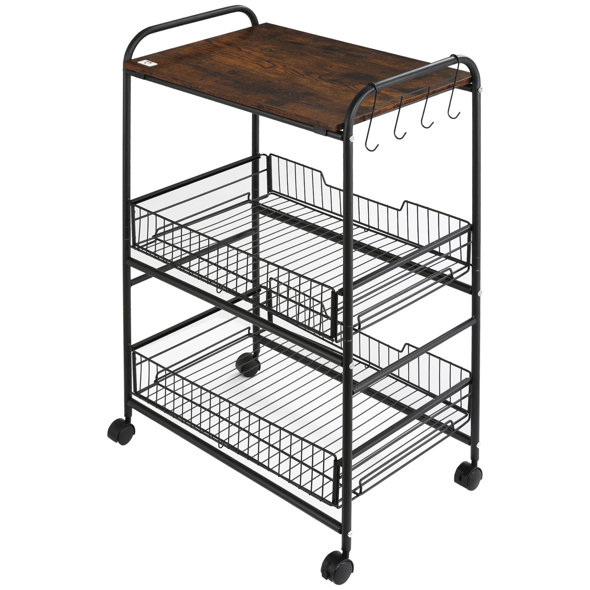 Homcom 3 Tier Rolling Kitchen Cart With Storage, Kitchen Island Cart On Wheels With 2 Sliding Fruit Basket, Microwave Cart With Side Hooks For Dining Room, Brown Rustic Brown Mdf Metal