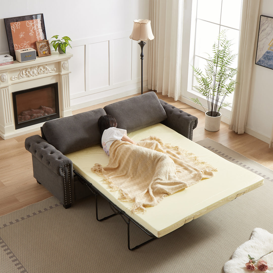 Fx 83.8" Convertible Sleeper Sofa Bed, 2 In 1 Pullout Sofa Bed, Polyester Sleeper Sofa Bed With Folding Mattress, Living Room Pullout Sofa Bed, Apartment Small Space Sofa Sleeper Gray Polyester Foam Fabric 3 Seat
