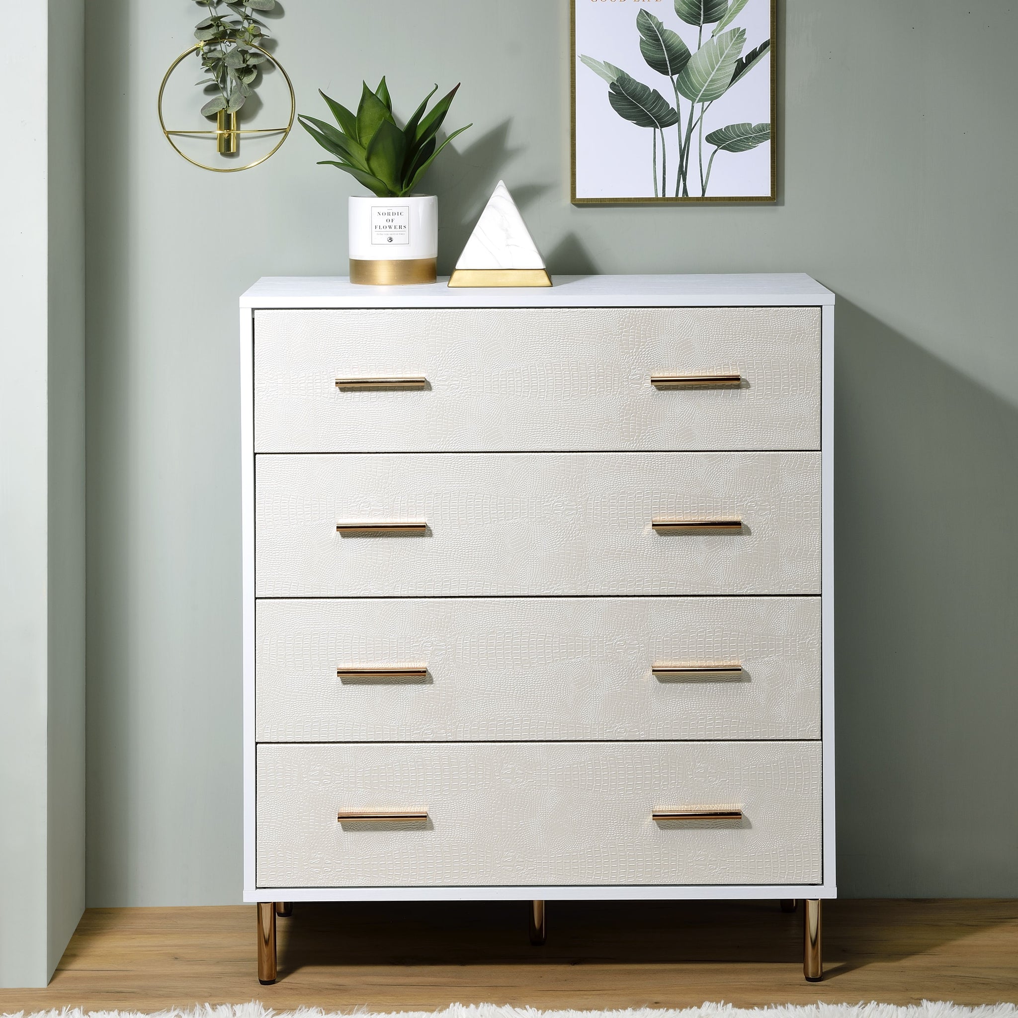 White And Champagne 4 Drawer Chest White Gold Bedroom Wood Metal