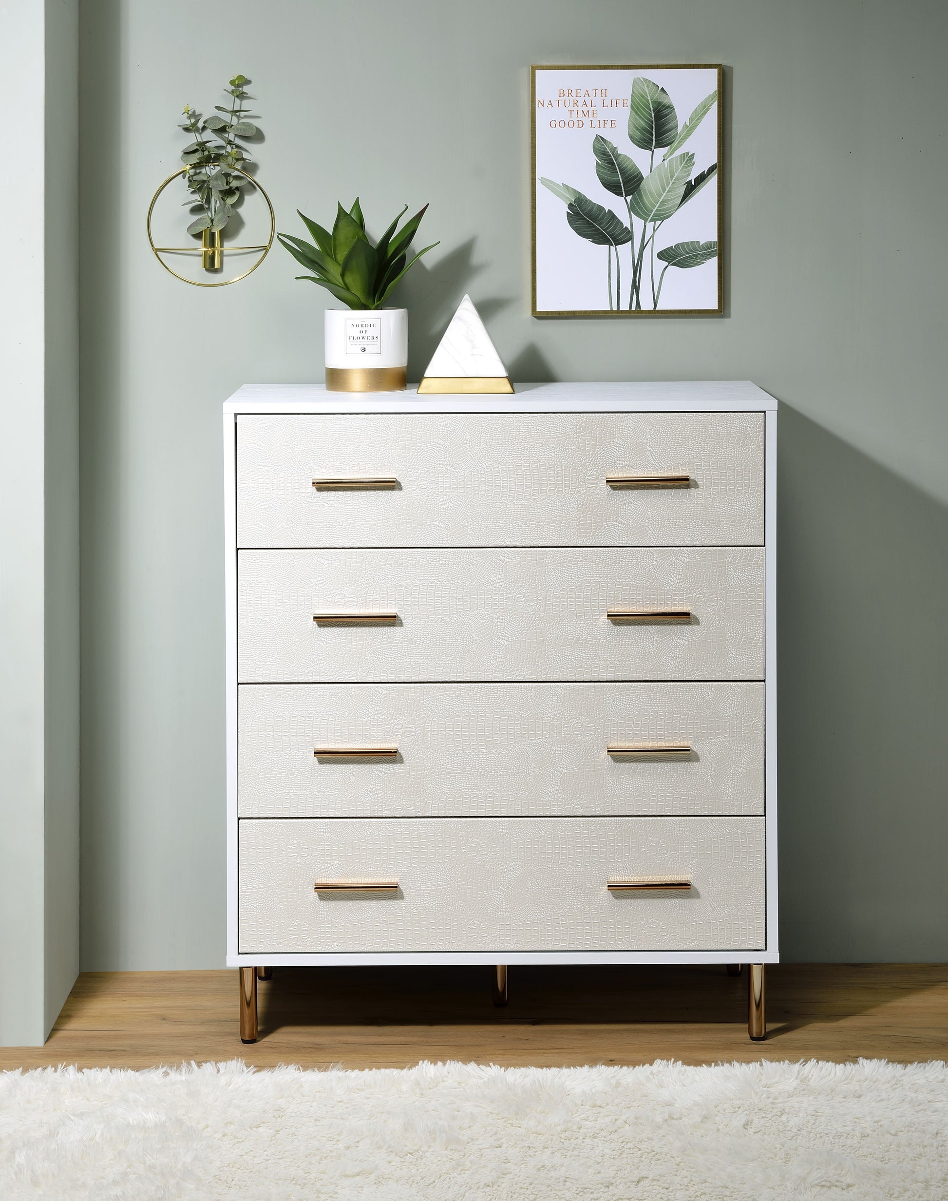 White And Champagne 4 Drawer Chest White Gold Bedroom Wood Metal