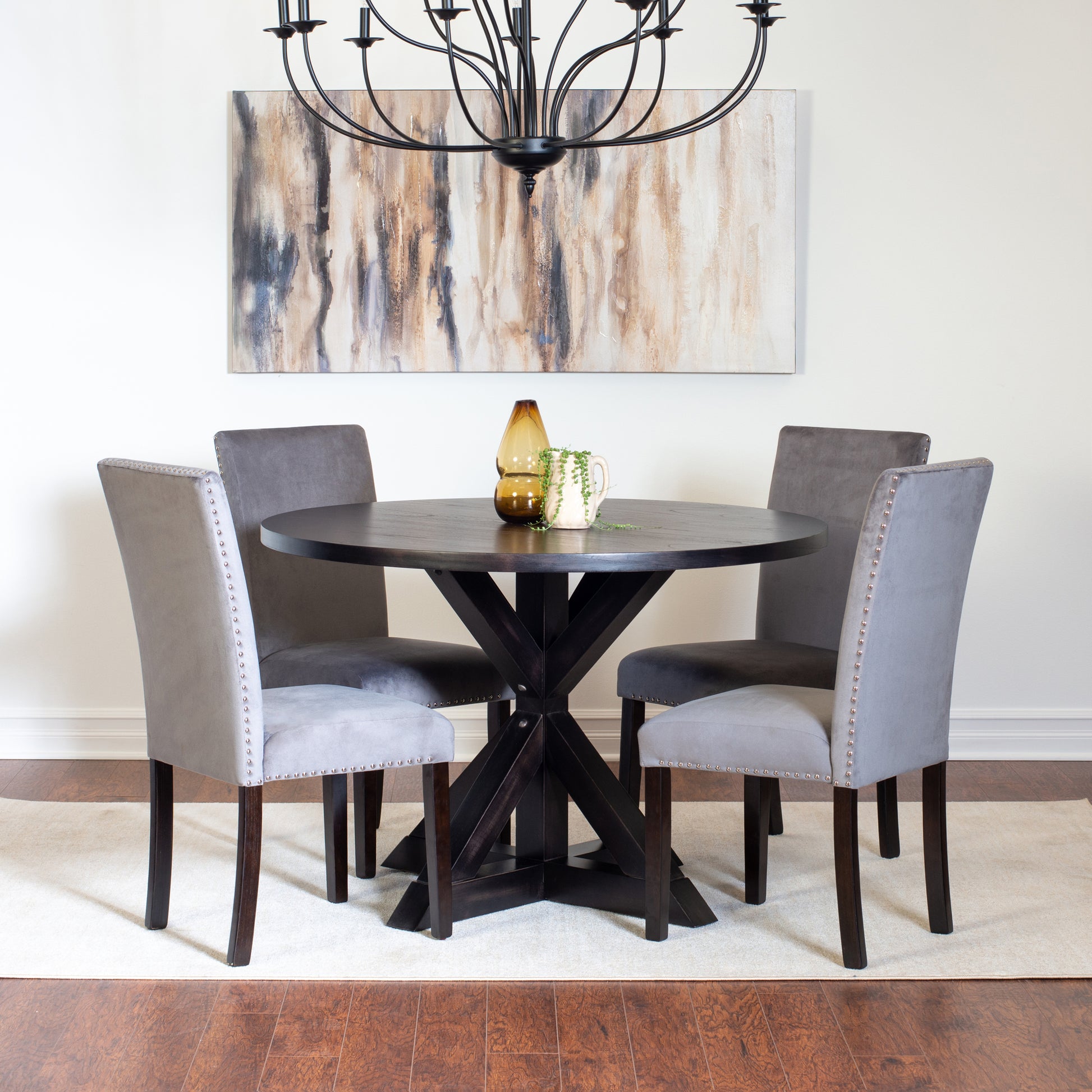 Enbridge 5 Piece Dining Set, Cross Buck Dining Table With 4 Stylish Chairs Wood Black Seats 4 Wood Dining Room Fixed Table Rubberwood Round Pedestal Round Dining Table With Chair Mdf