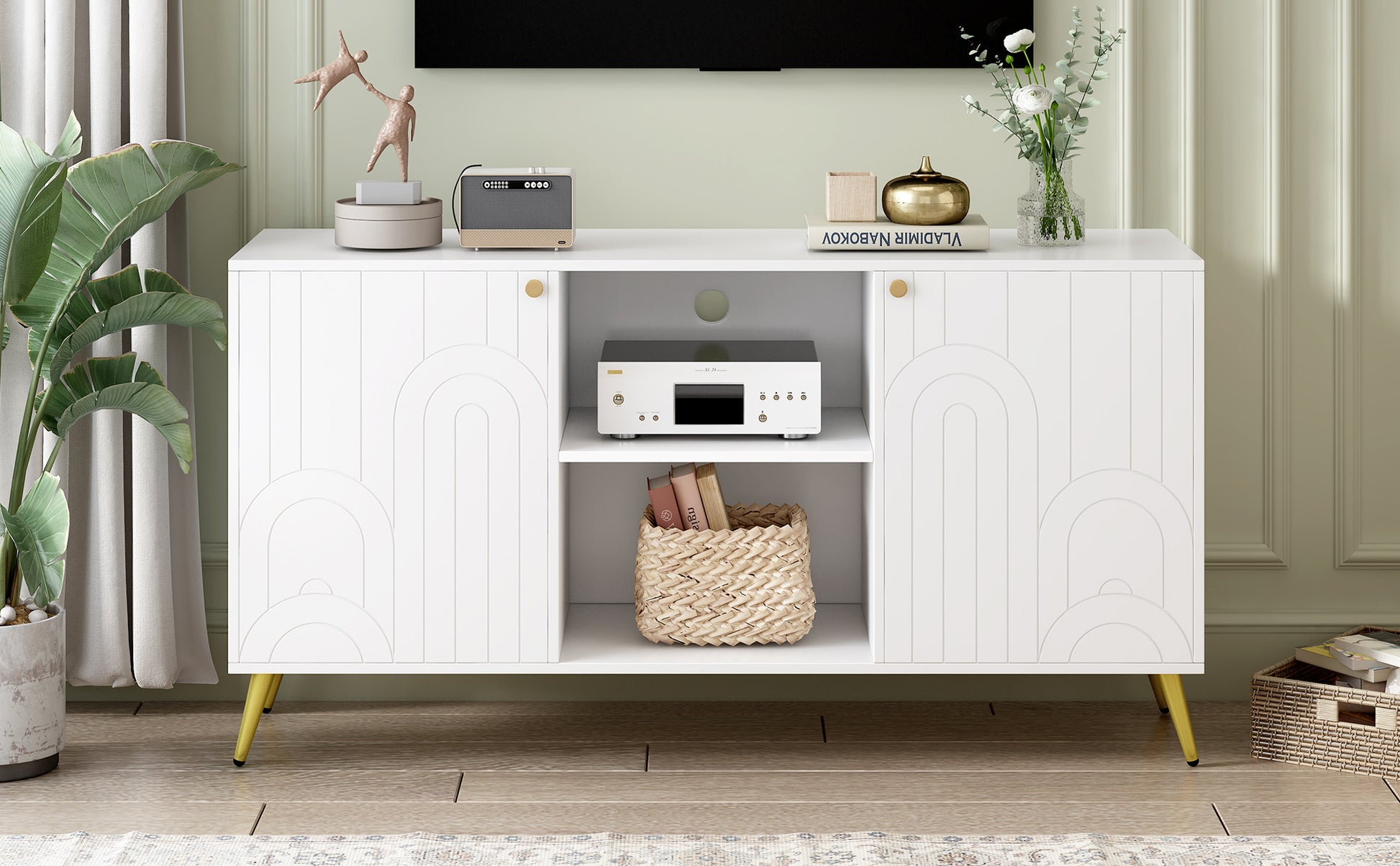 Modern Tv Stand For Tvs Up To 55 Inches, Entertainment Center Media Console,Adjustable Shelf, Metal Legs, Handles And Anti Tip Device For Living Room White 50 59 Inches Mdf