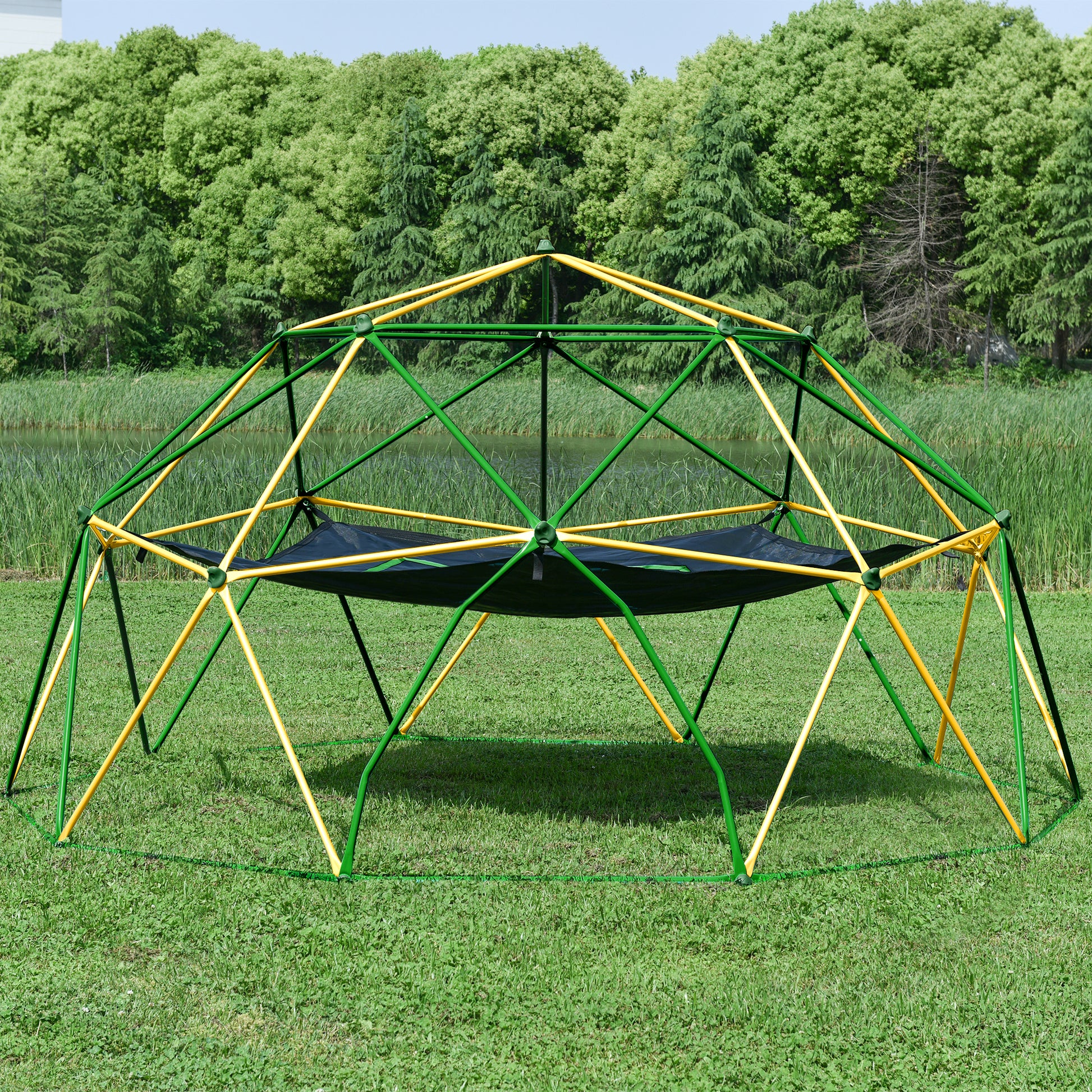 13Ft Geometric Dome Climber Play Center, Kids Climbing Dome Tower With Hammock, Rust & Uv Resistant Steel Supporting 1000 Lbs Yellow Metal