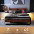 Queen Size Metal Bed Frame With Upholstered Headboard, With Wireless Charging And Usb A & Usb C, Touch Led Light,Oval Shaped Platform Bed With Under Bed Storage, No Box Spring Needed, Vintage Brown Box Spring Not Required Queen Antique Brown Metal