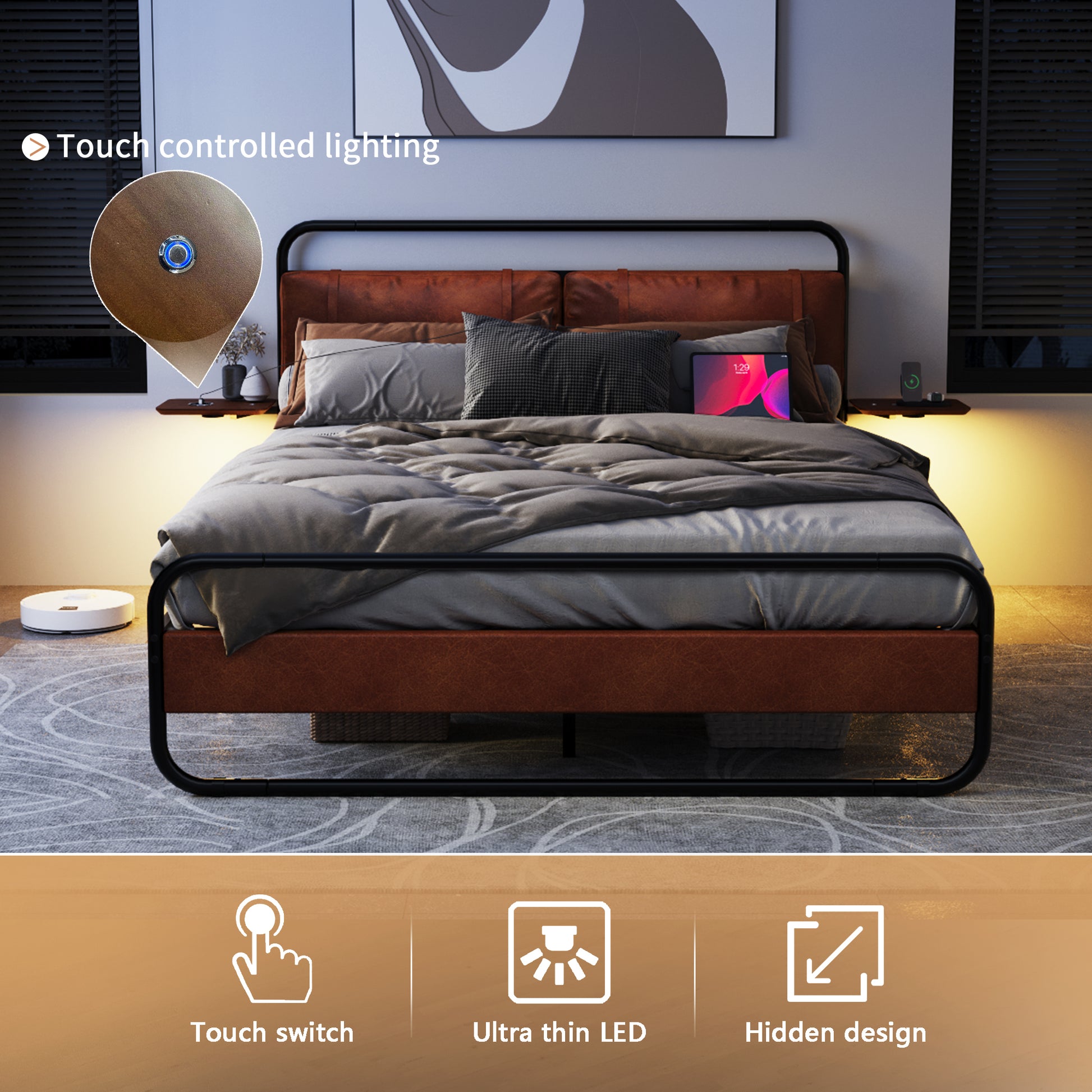 Queen Size Metal Bed Frame With Upholstered Headboard, With Wireless Charging And Usb A & Usb C, Touch Led Light,Oval Shaped Platform Bed With Under Bed Storage, No Box Spring Needed, Vintage Brown Box Spring Not Required Queen Antique Brown Metal
