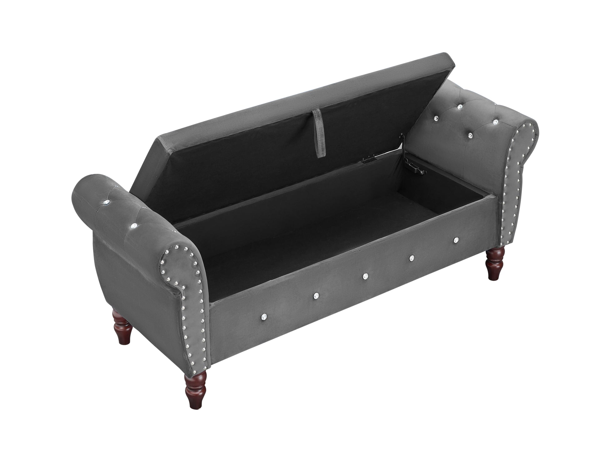 63.38"Velvet Multifunctional Storage Rectangular Ottoman Bench Comes With Crystal Buckle Solid Wood Legs With 1 Pillow,Dark Gray Dark Gray Velvet