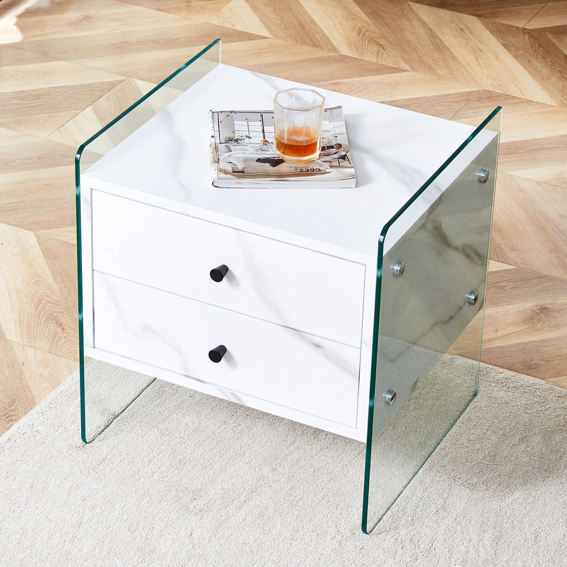 Double Drawer Bedside Table. The Board Surface Is Mdf Sticker, And Both Sides Are Transparent Tempered Glass. The Design Is Simple And Elegant, With Excellent Storage Functions. White Mdf