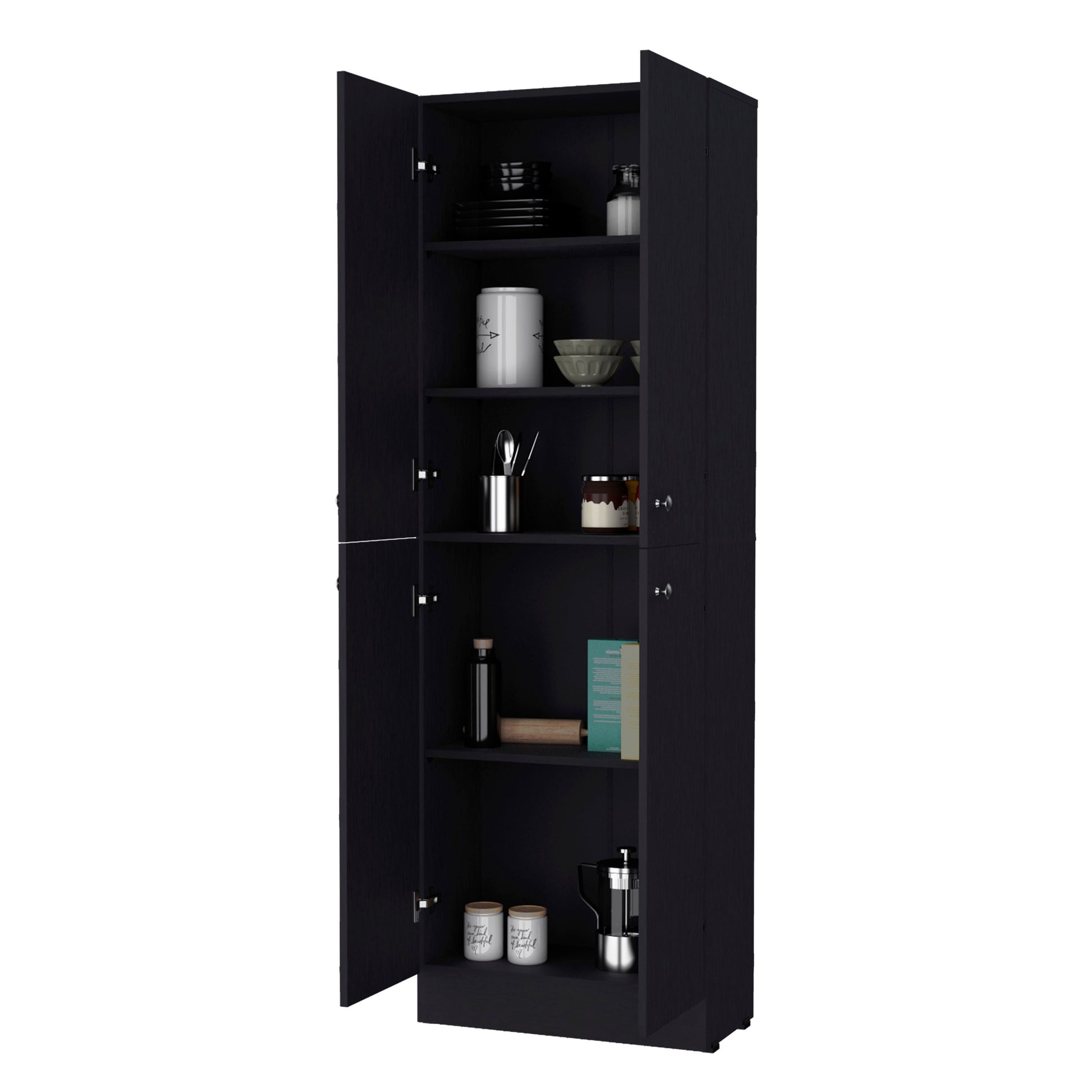 Cameron Pantry Cabinet With 4 Doors And 5 Hidden Shelves Freestanding Black Kitchen Modern Particle Board Engineered Wood