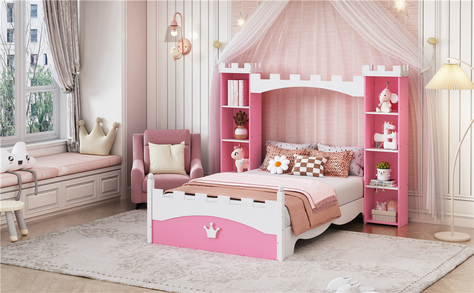 Castle Shaped Wooden Bed With Storage Shelf, Dreamy Twin Size Platform Bed For Kids Bedroom, Pink White Expected Arrival Time:8.14 Twin Pink White Wood