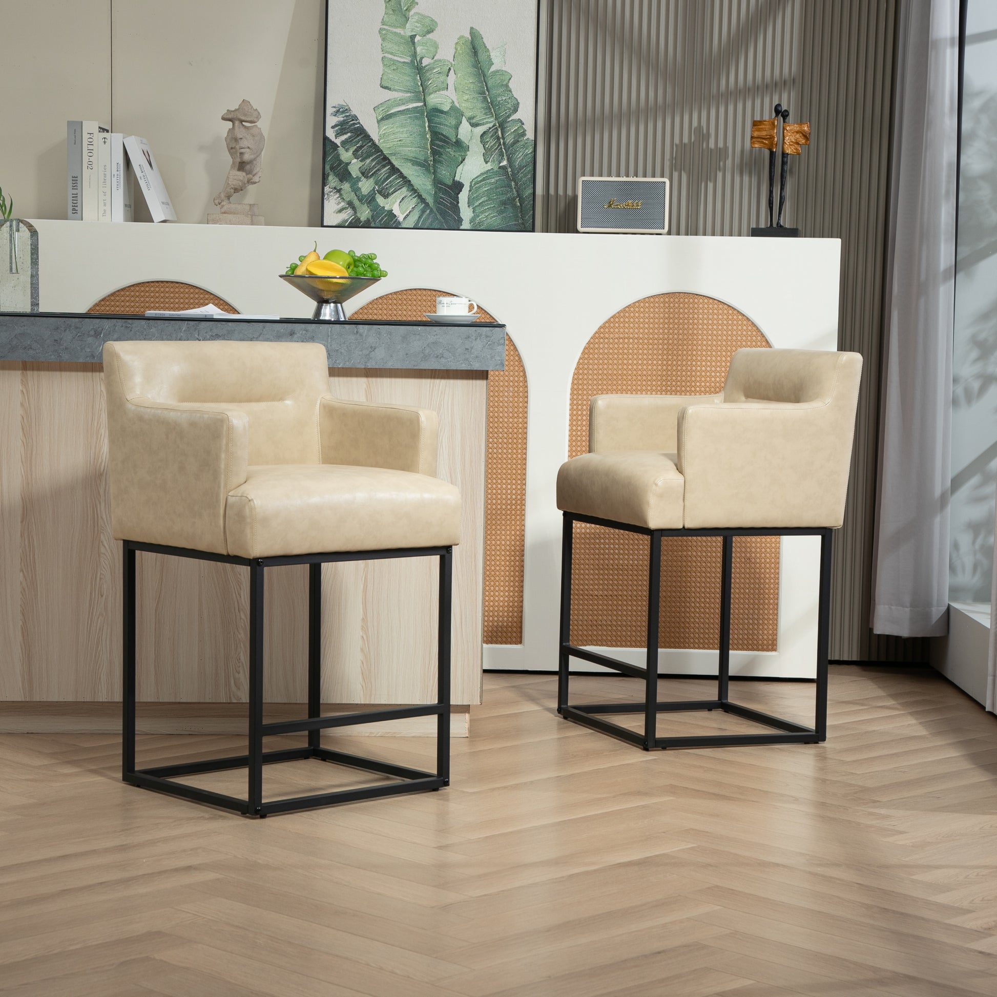 Coolmore Counter Height Bar Stools Set Of 2, Modern Barrel Bar Stool With Backrest And Arms, Black Metal Frames, Upholstered Bar Stools For Kitchen Island, Pub, Club Khaki Foam Pu Leather