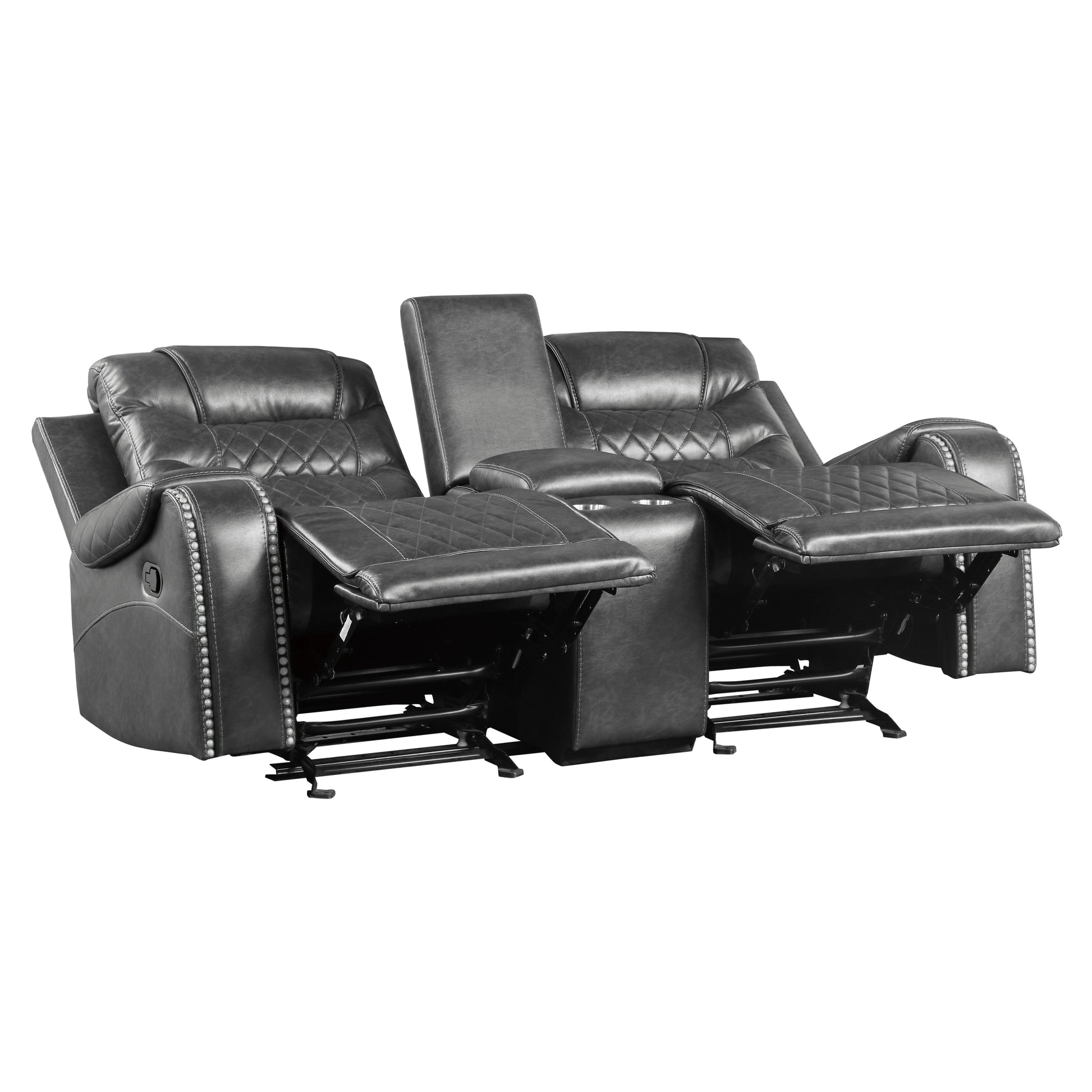 Luxurious Living Room Furniture 2Pc Reclining Sofa Set Grayfaux Leather Upholstery Center Drop Down Cup Holders, Power Outlets, Usb Ports, Diamond Pattern Stitching Gray Faux Leather Wood Primary Living Space Luxury,Modern Solid Wood 5 Seat