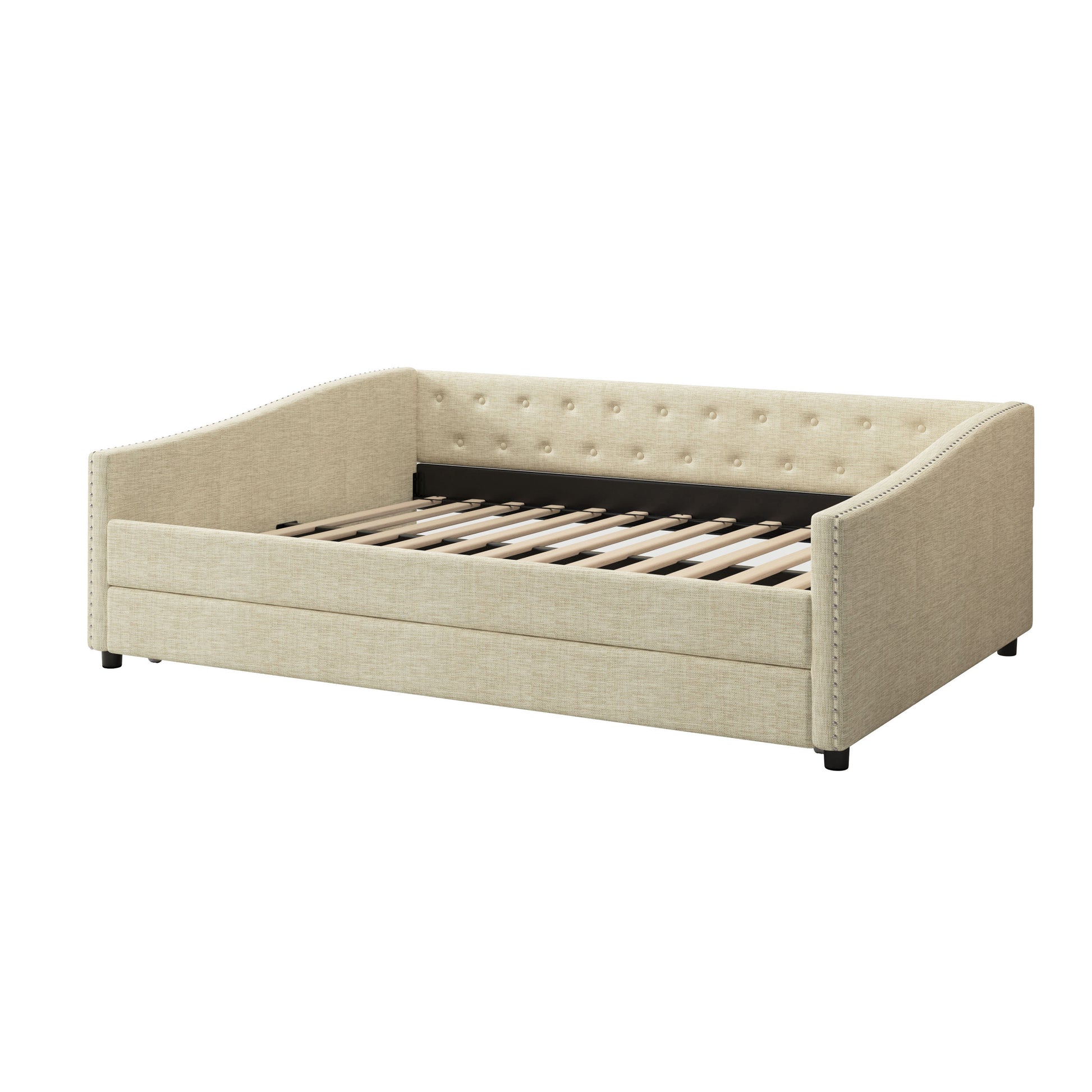 Full Size Daybed With Twin Size Trundle Upholstered Tufted Sofa Bed, With Button On Back And Copper Nail On Waved Shape Arms Beige Full Beige Wood Fabric