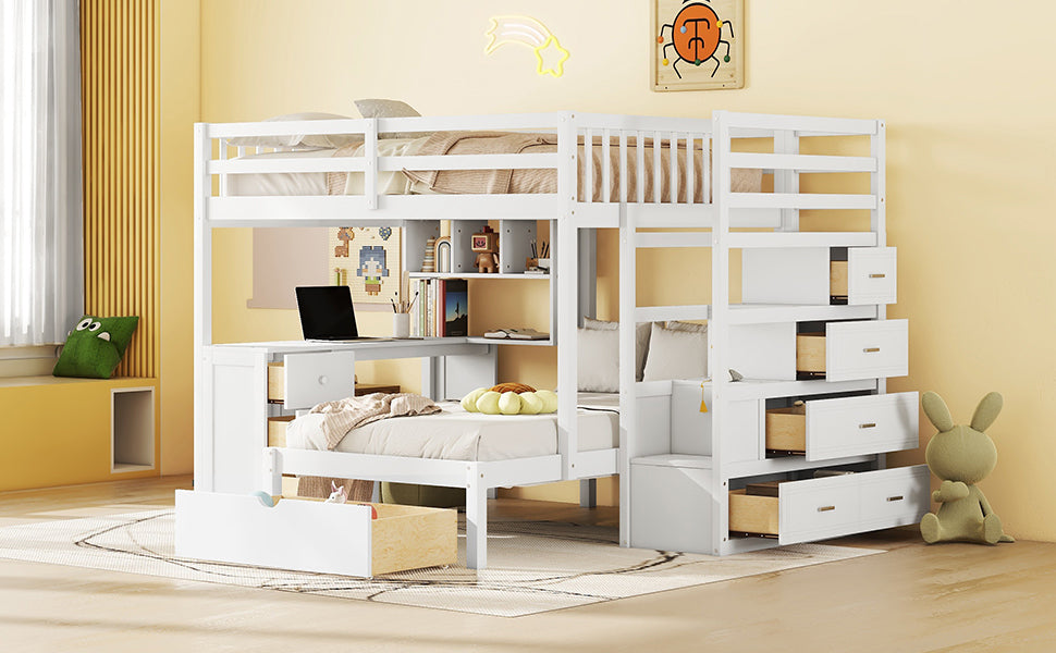 Full Over Twin Bunk Bed With Desk, Drawers And Shelves, White White Solid Wood