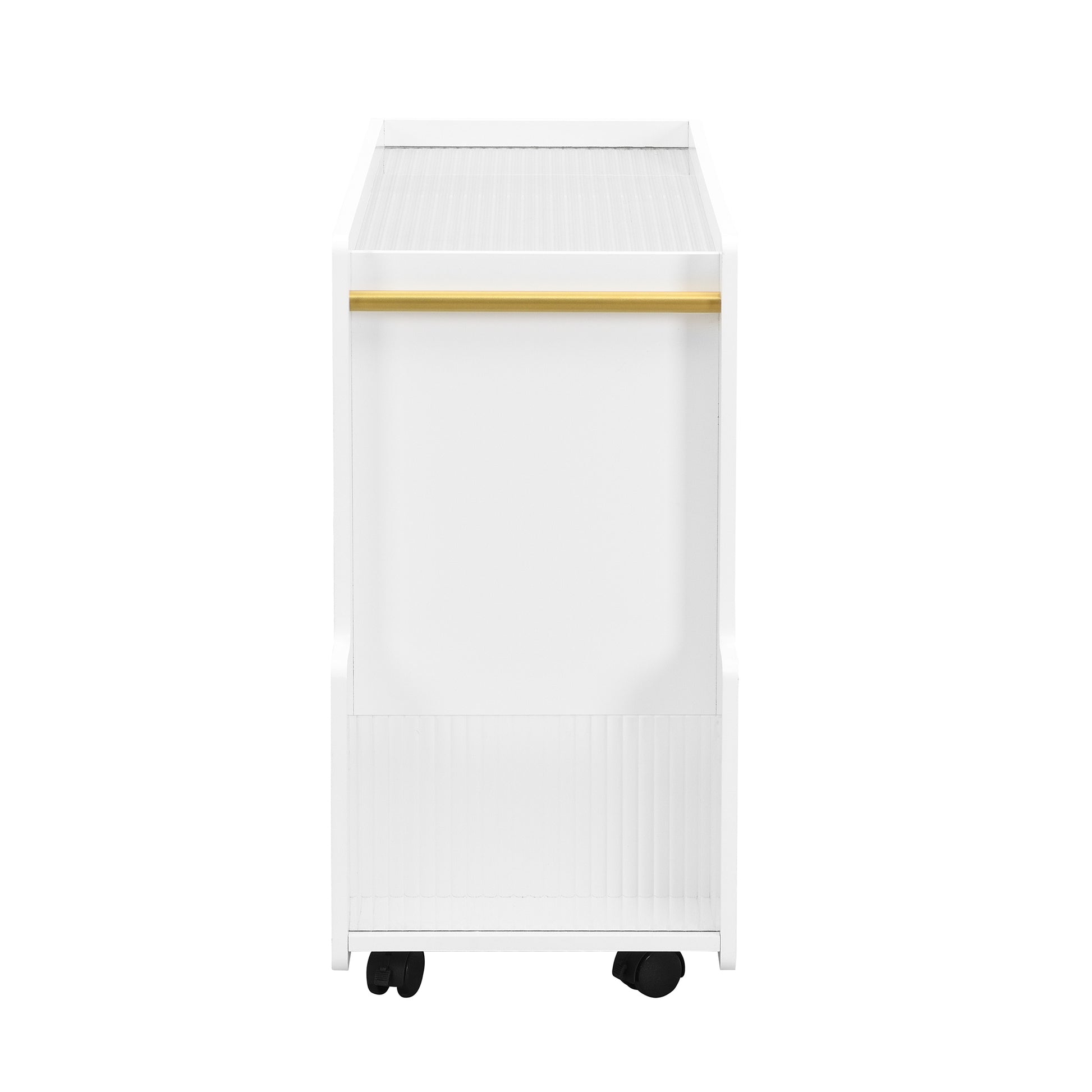 Mobile End Table With Lockable Wheels, Narrow Coffee Table With 5Mm Thick Fluted Tempered Glass, Modern Nightstand With Golden Round Rod, Living Room, White, 31.5''W X11.8''D X 23.1''H White Primary Living Space Mdf