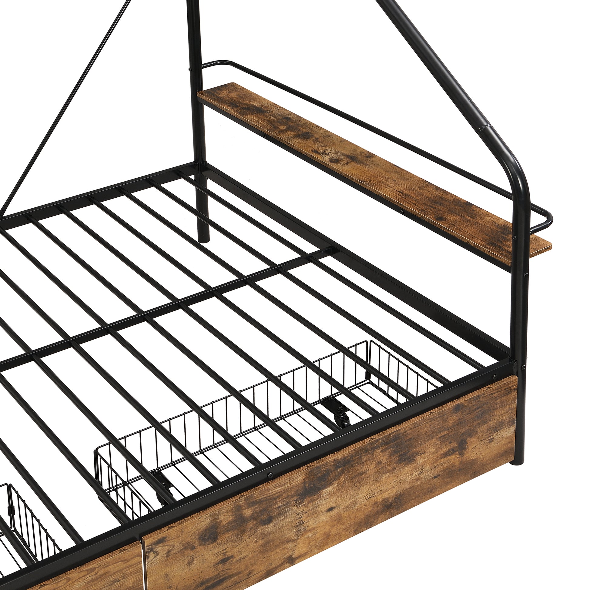 Full Size Metal Frame Platform Bed With Clothes Rack, Storage Shelves And 2 Drawers, Black Box Spring Not Required Full Black Metal Mdf Metal