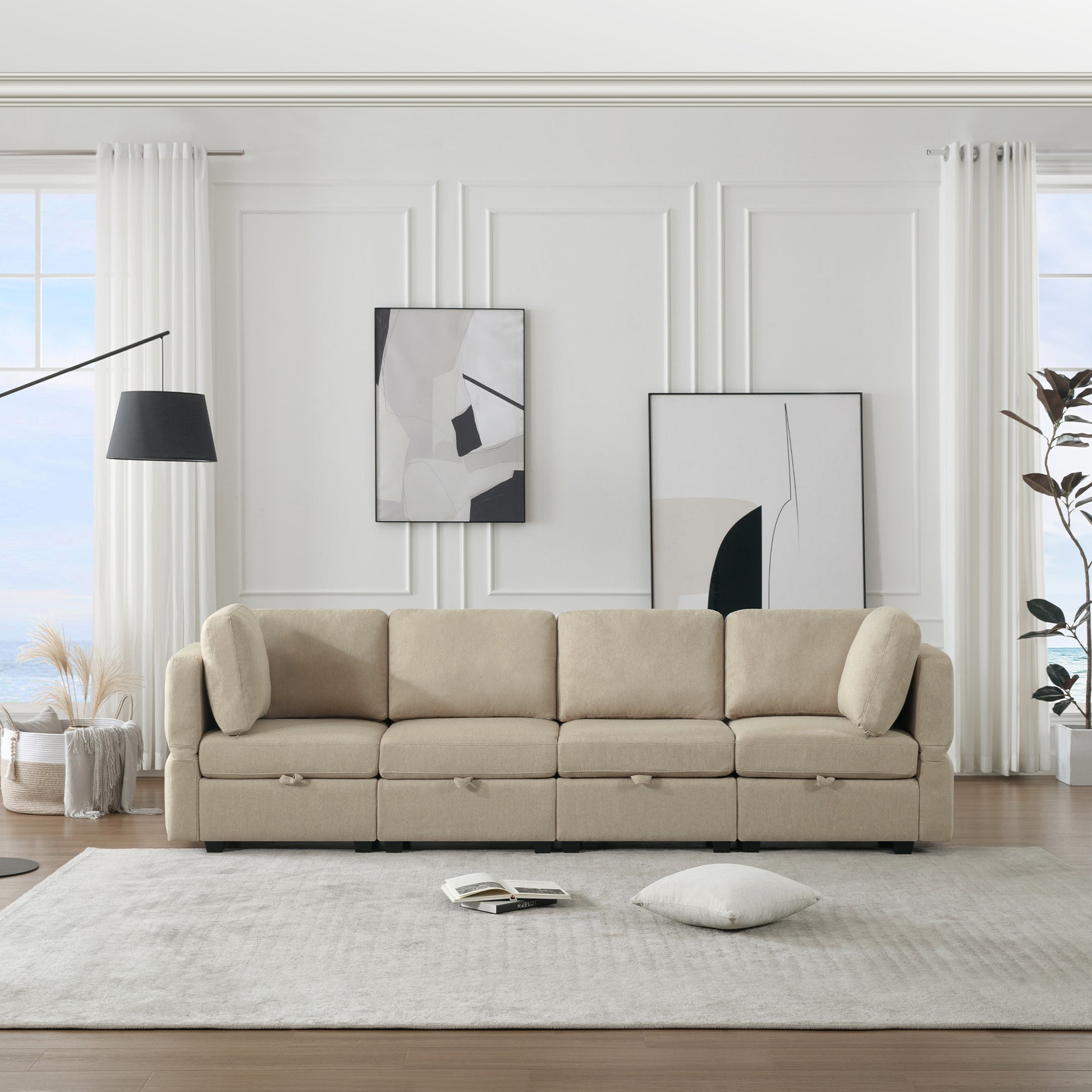 Fabric Modern Modular Sofa Couch With Storage Seats Modular Sectional Sofa 4 Seater Modular Couch For Living Room Beige Beige Polyester 4 Seat