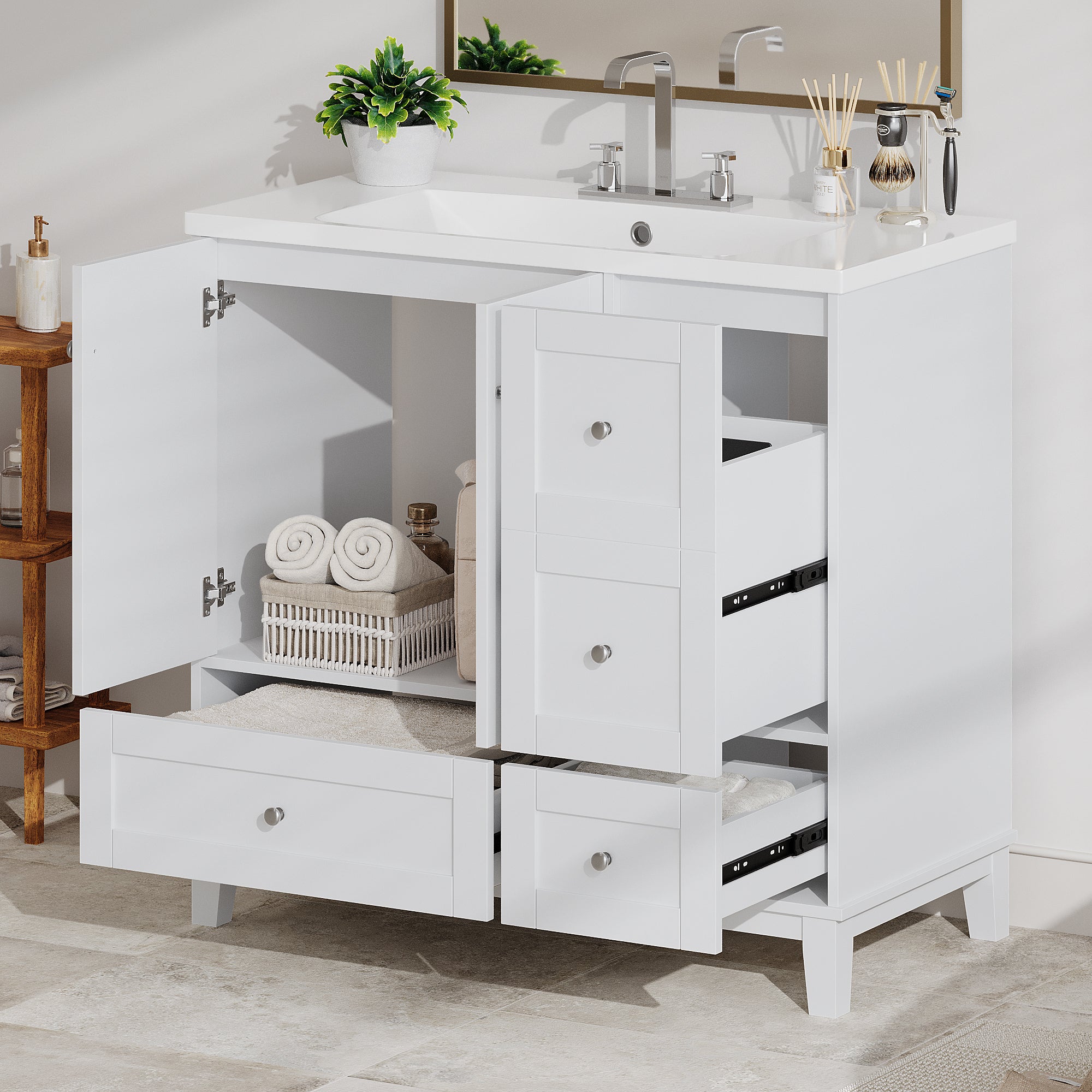 36 Inch Modern Bathroom Vanity With Usb Charging, Two Doors And Three Drawers Bathroom Storage Vanity Cabinet, Small Bathroom Vanity Cabinet With Single Sinkwhite & Gray Blue Faucets Not Included White Solid Wood Mdf Resin