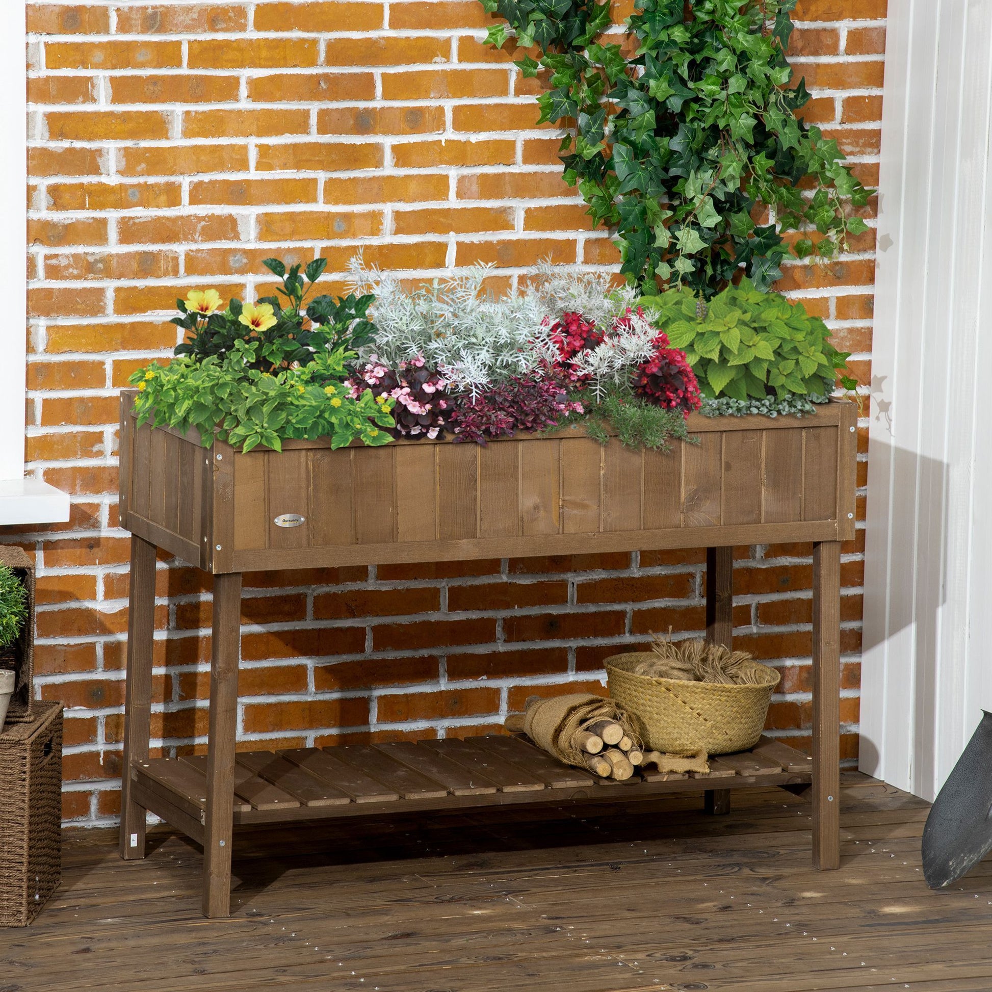 Outsunny 43X18X30In Raised Garden Bed With 8 Pockets And Shelf, Wooden Elevated Planter Box With Legs To Grow Herbs, Vegetables, And Flowers, Dark Brown Brown Wood