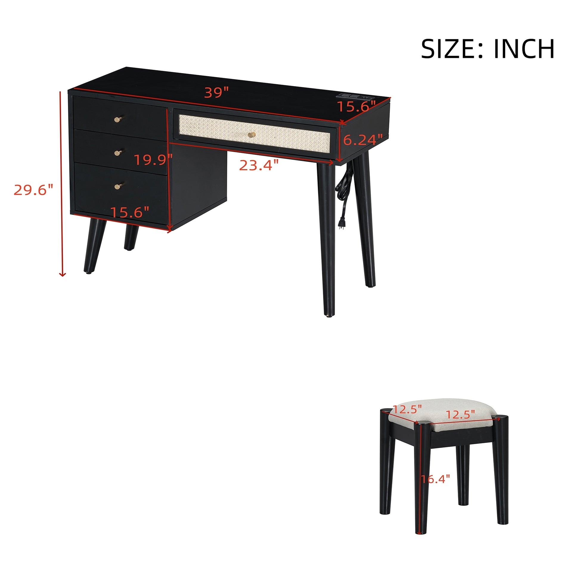 39" Retro Bohemian Style Wooden Makeup Vanity Set With Charging Plug&Usb Port And Stool, Dressing Table With 3 Storage Drawers And 1 Rectangular Rattan Drawer, Black Expected Arrival Time: 08.23 Black 4 Drawers Wood