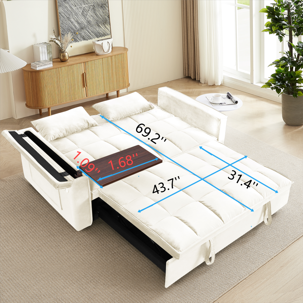 55.5 "3 In 1 Foldable Sofa Bed, Modern Velvet Double Sofa, Sofa Bed With Adjustable Back, Storage Bag And Pillow, Hidden Living Room Laptop Desk With Usb Port, Suitable For Living Room, Bedroom