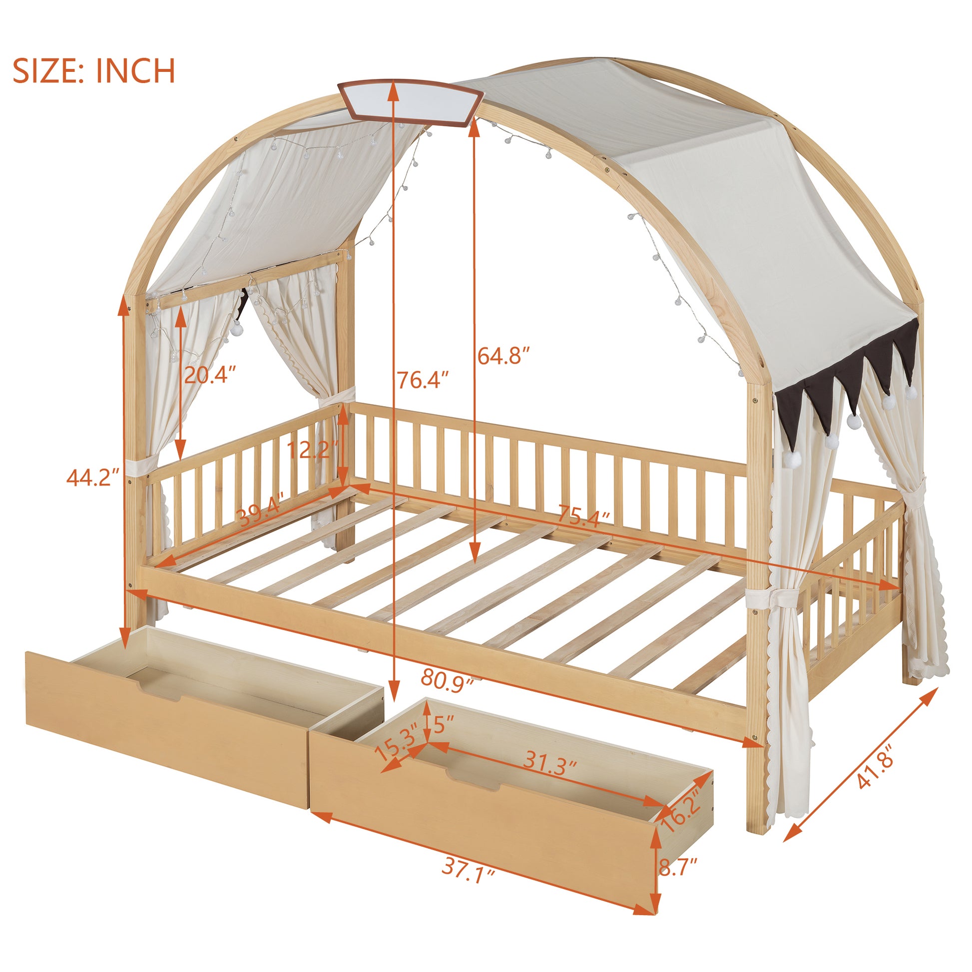 Twin Size Bed With Arched Roof And 2 Drawers, Natural Twin Natural Plywood