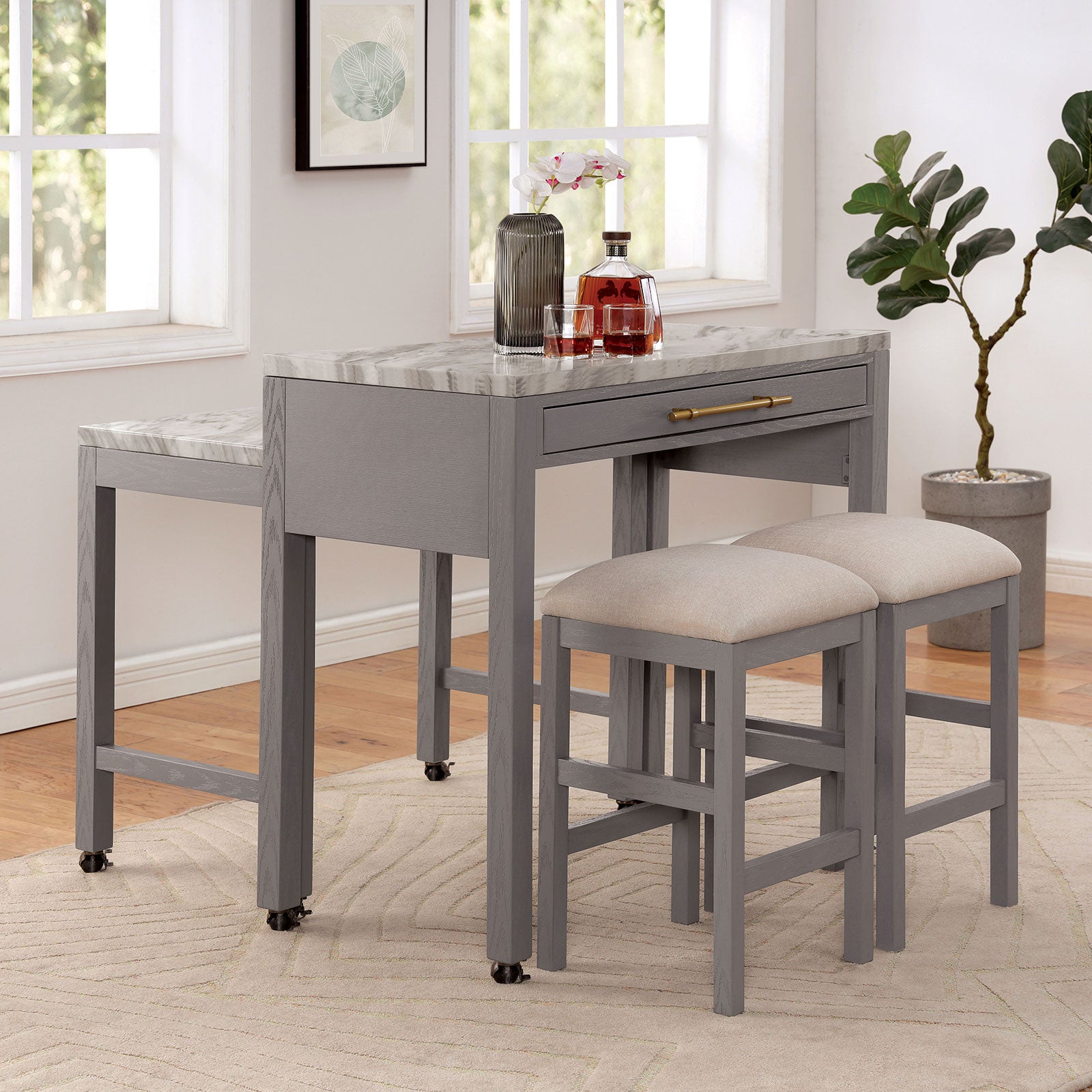 Rustic 3Pc Dining Set Counter Height Dining Table W Storage Drawer Faux Marble Top 2X Stools Light Gray Dining Room Furniture Gray Wood Dining Room Solid Wood Rubberwood Rectangular Dining Table With Chair Faux Marble Beige,Light Gray Seats 2