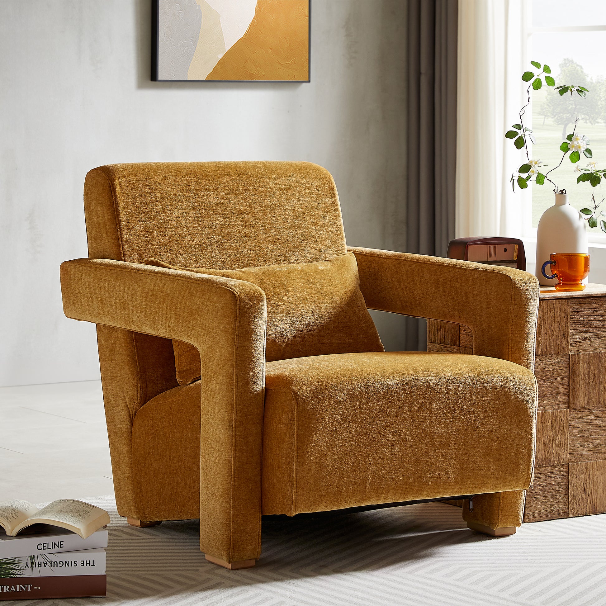 Mirod Sleek Right Angle Armrests, Ergonomic Lumbar Support, Square Wooden Block Legs, Inclined Seat For Comfort, Artistic Statement Piece For Living Room,Bedroom And Study Yellow Chenille