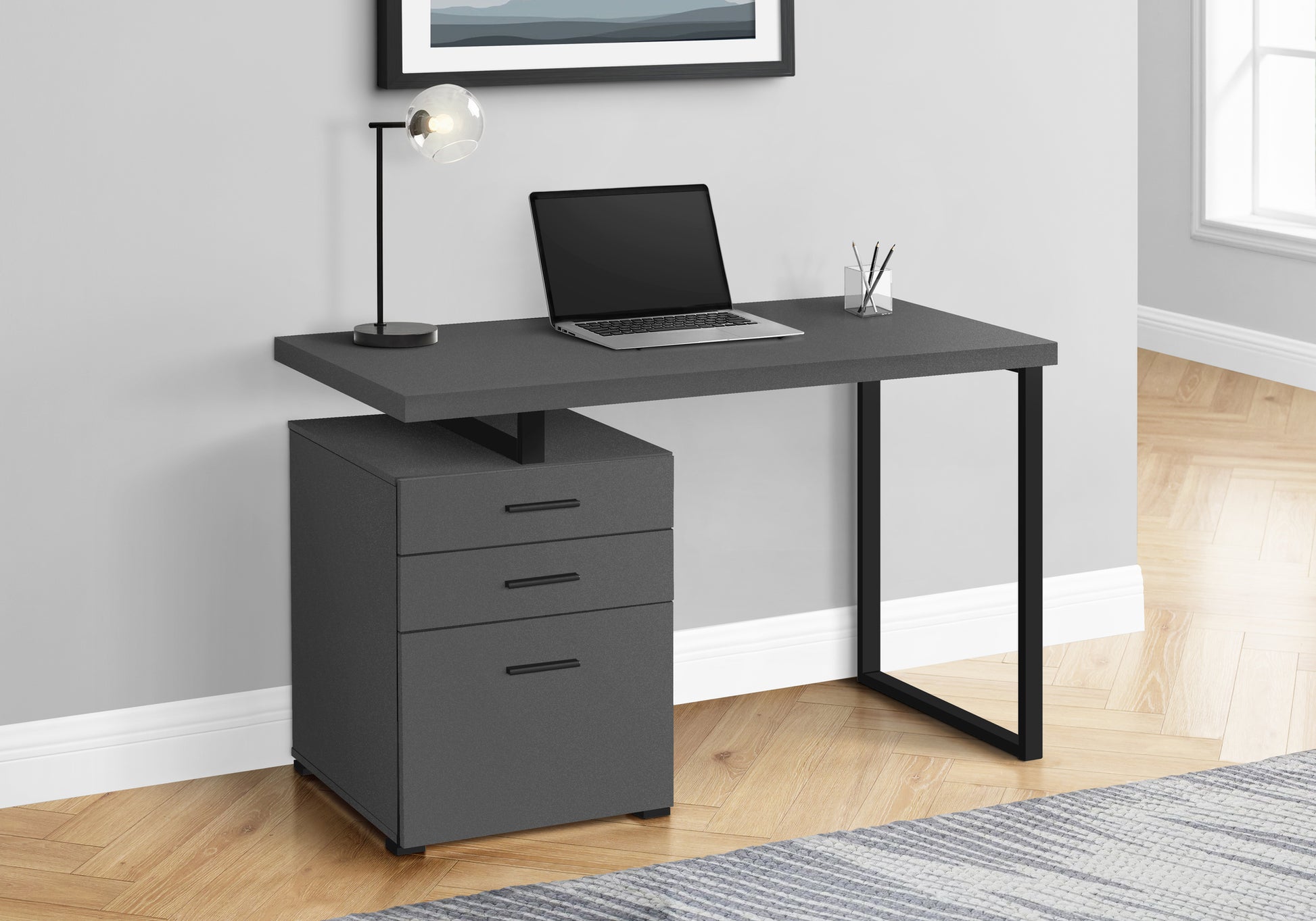 Computer Desk, Home Office, Laptop, Left, Right Set Up, Storage Drawers, 48"L, Work, Grey Laminate, Black Metal, Contemporary, Modern Grey Particle Board