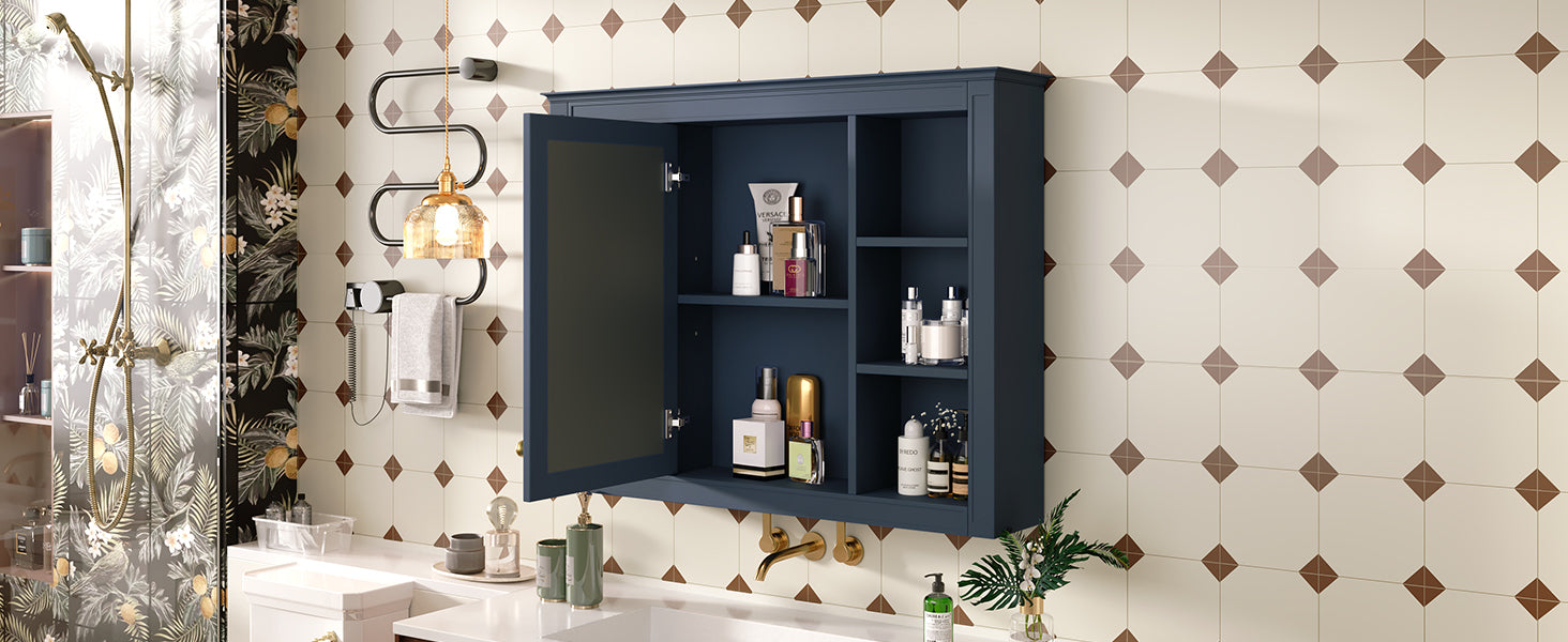 35'' X 27.5'' Medicine Cabinet, Wall Mounted Bathroom Storage Cabinet, Modern Bathroom Wall Cabinet With Mirror, Mirror Cabinet With 6 Open Shelves Not Include Bathroom Vanity Blue 1 5 Mirror Included Bathroom Wall Mounted Mdf Painted