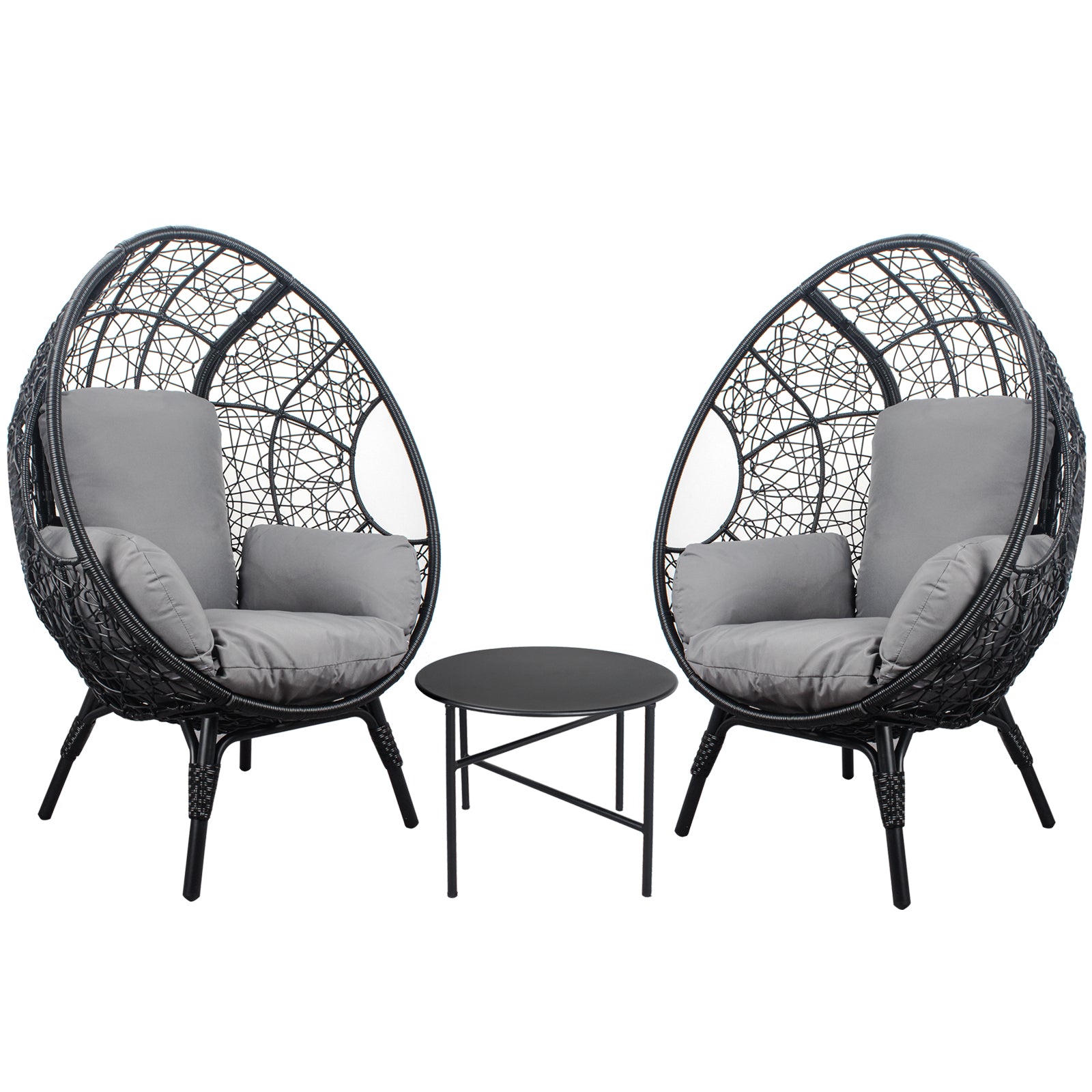 3 Pieces Patio Egg Chairs Model 3 With Side Table Set,Black Color Pe Rattan And Grey Cushion Yes Black Foam Steel