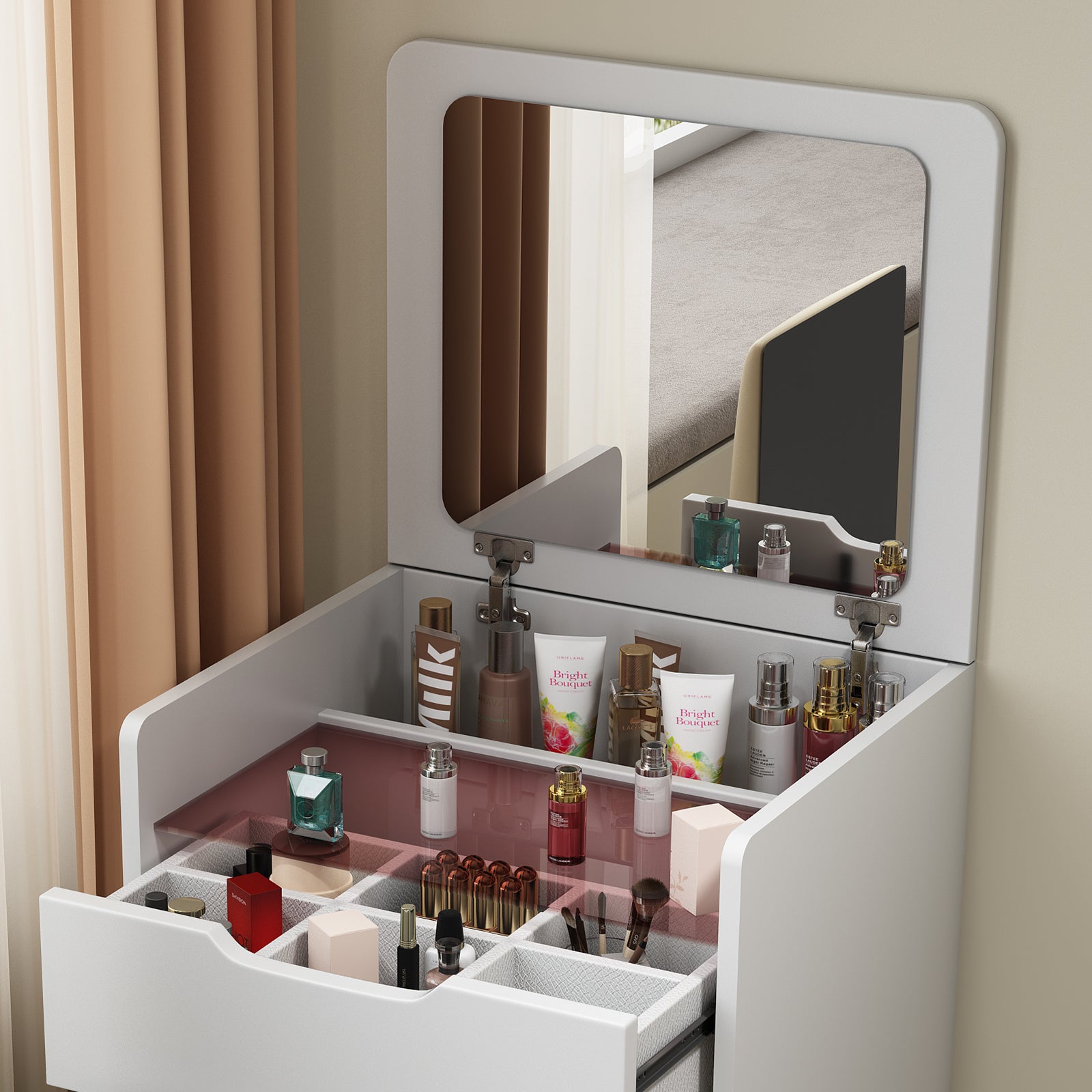 3 In 1 Vanity Desk With Plip Top Mirror,Small Make Up Vanity Set With Visible Glass Desktop,Compact Makeup Vanity With 3 Drawers,Cushioned Tool,Dressing Table For Bedroom White Mdf Glass