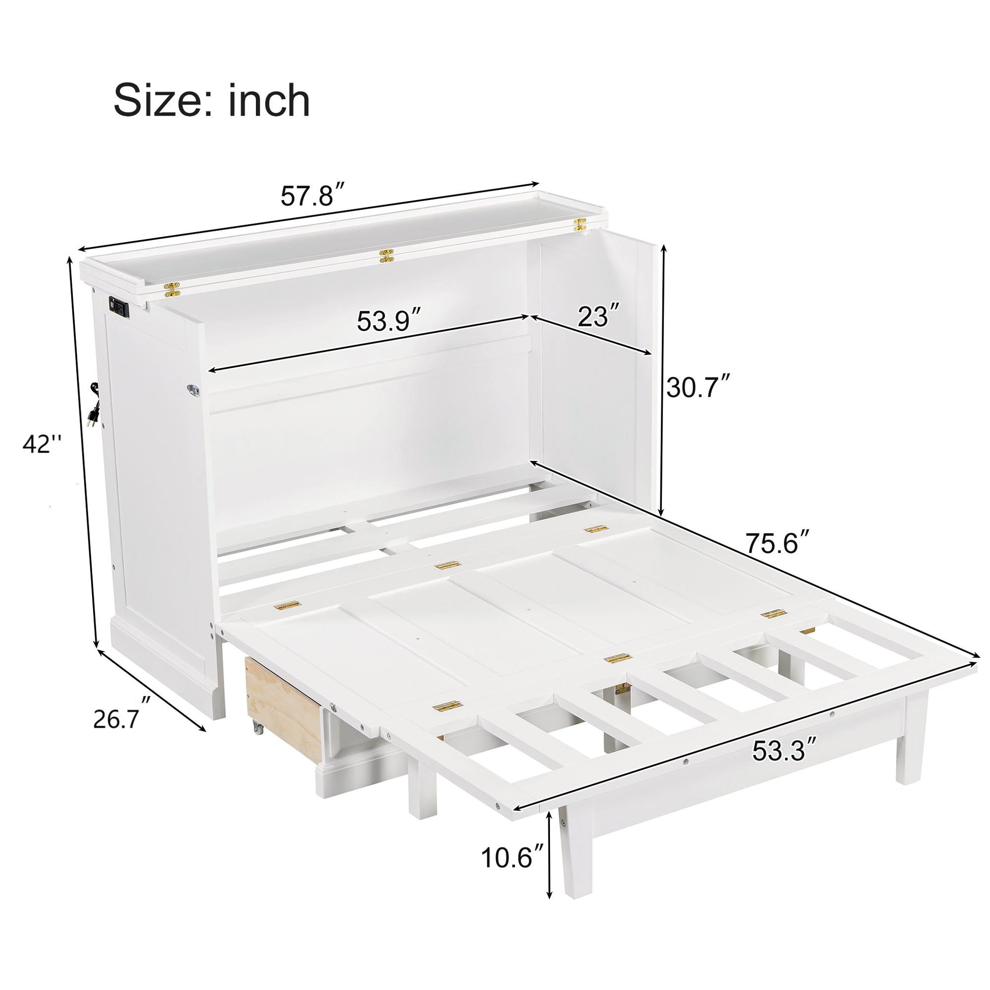 Solid Pine Murphy Bed Chest Cube Cabinet Bed With Charging Station And Large Storage Drawer For Home Office Or Small Room,Full,White Box Spring Not Required Full White Wood White Pine Murphy Solid Wood Mdf