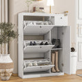 Shoe Cabinet,Freestanding Tipping Bucket Shoe Rack Organizer With 3 Flip Drawers,Entryway Narrow Shoe Storage With Adjustable Storage Shelf,Modern Slim Hidden Shoe Cabinet, White 5 Or More Spaces White Primary Living Space Particle Board