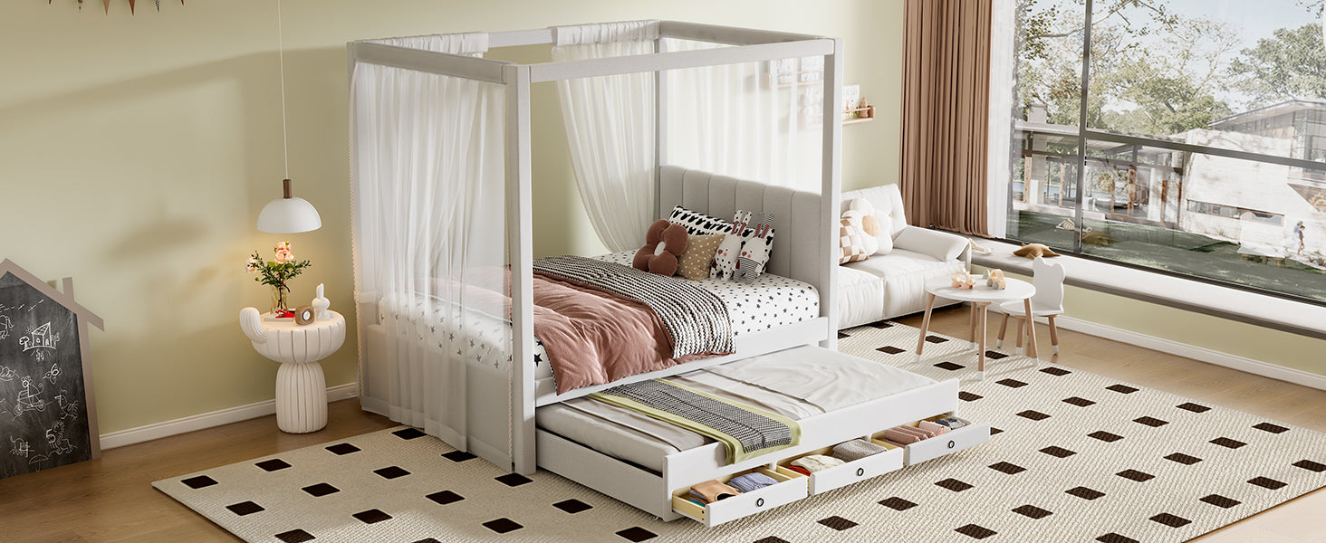 Twin Size Upholstery Canopy Platform Bed With Trundle And Three Storage Drawers, Beige Twin Beige Upholstered