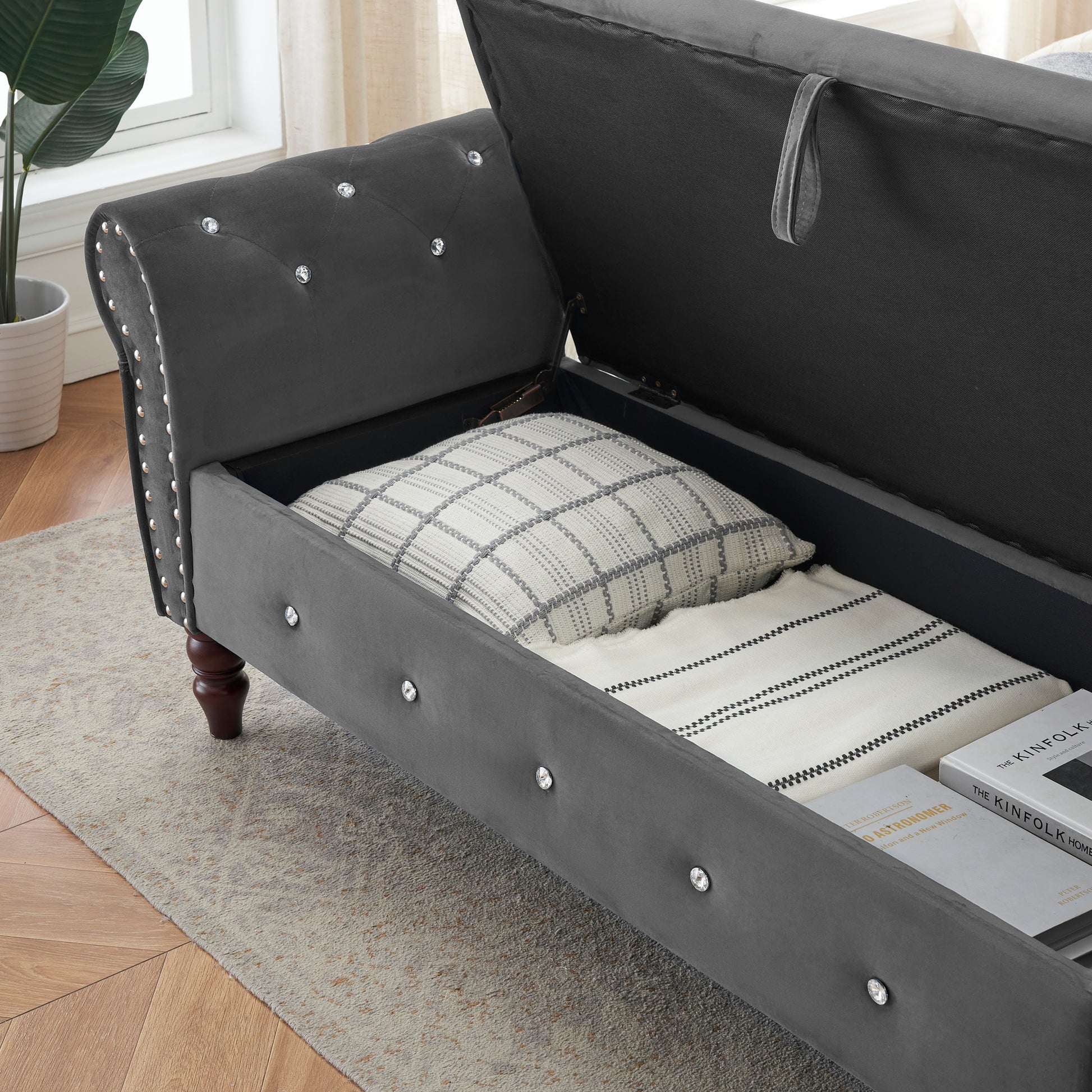 63.38"Velvet Multifunctional Storage Rectangular Ottoman Bench Comes With Crystal Buckle Solid Wood Legs With 1 Pillow,Dark Gray Dark Gray Velvet