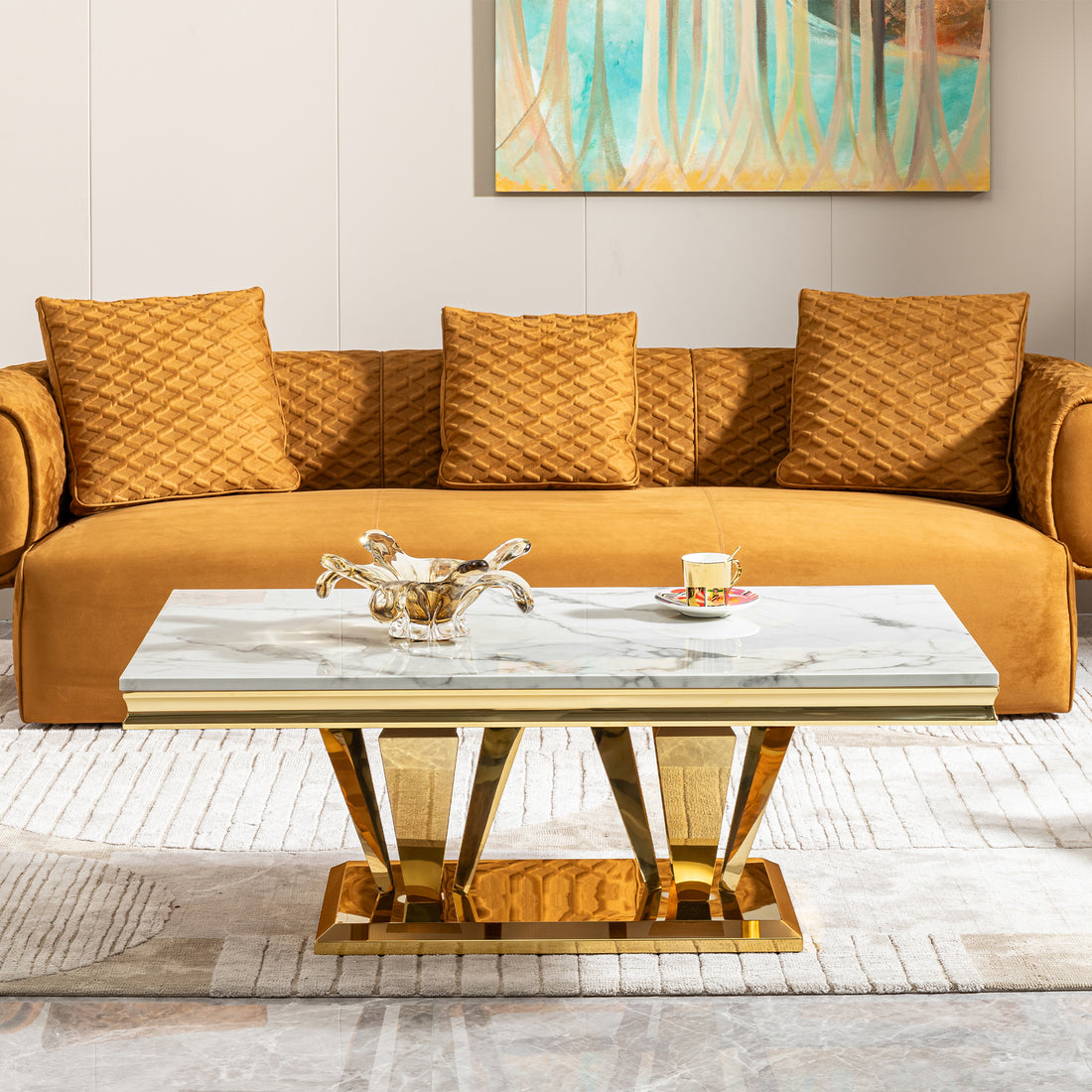 58.18" Modern Rectangular 0.78" Thick Mdf Marble Pattern Top, Coffee Table Stainless Steel Base With Gold Mirror Finish Gold Primary Living Space Modern Coffee & End Tables Rectangular Stainless Steel