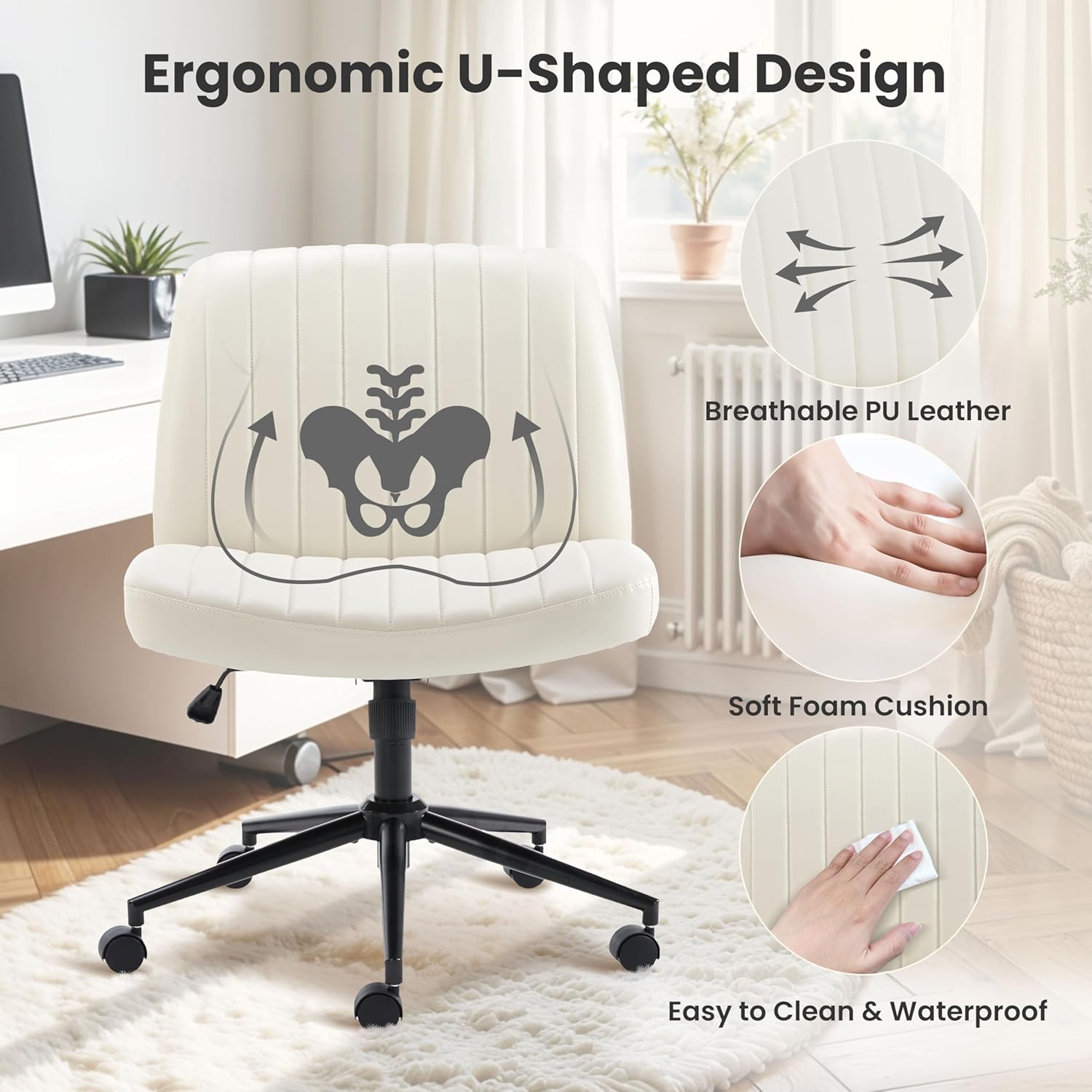 Criss Cross Chair With Wheels, Armless Legged Office Desk Chair, Comfy Swivel Rolling Vanity Chair, Ergonomic Fabric Modern Wide Seat Adjustable Home Office Chair White Pu White Metal
