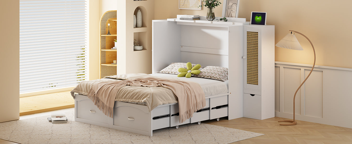 Full Size Murphy Bed Wall Bed With Drawer And Rattan Decoration With 2 Storage Cabinets, One Set Of Sockets & Usb Ports, Pulley Structure Design, White Full White Plywood