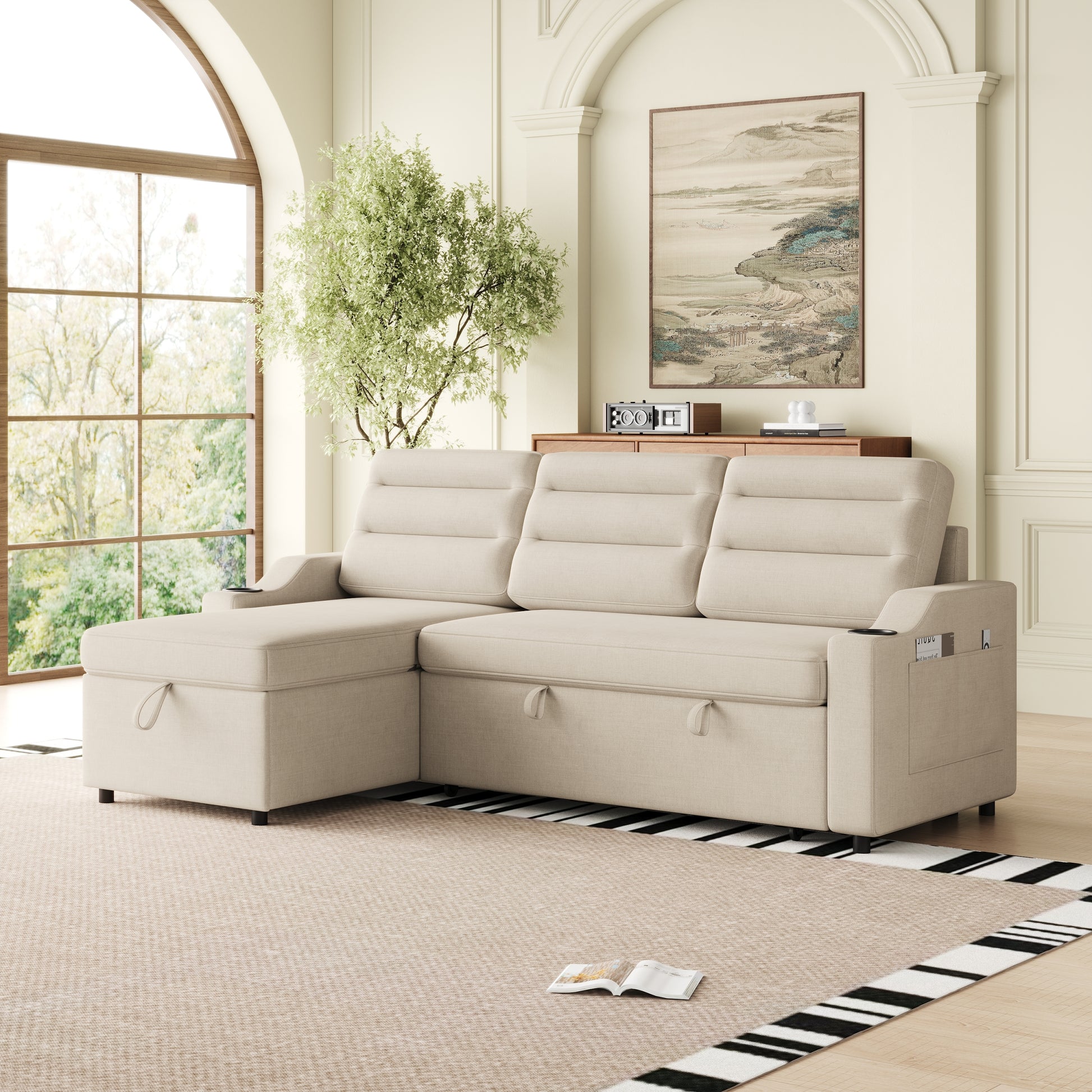 Mh83.5" Convertible Sleeper Combo Sofa, Convertible Sofa Bed Polyester Pullout Bed With Storage Recliner And Cup Holder For Living Room, Tight Spaces Beige Polyester Wood Primary Living Space Pine Foam Fabric 3 Seat