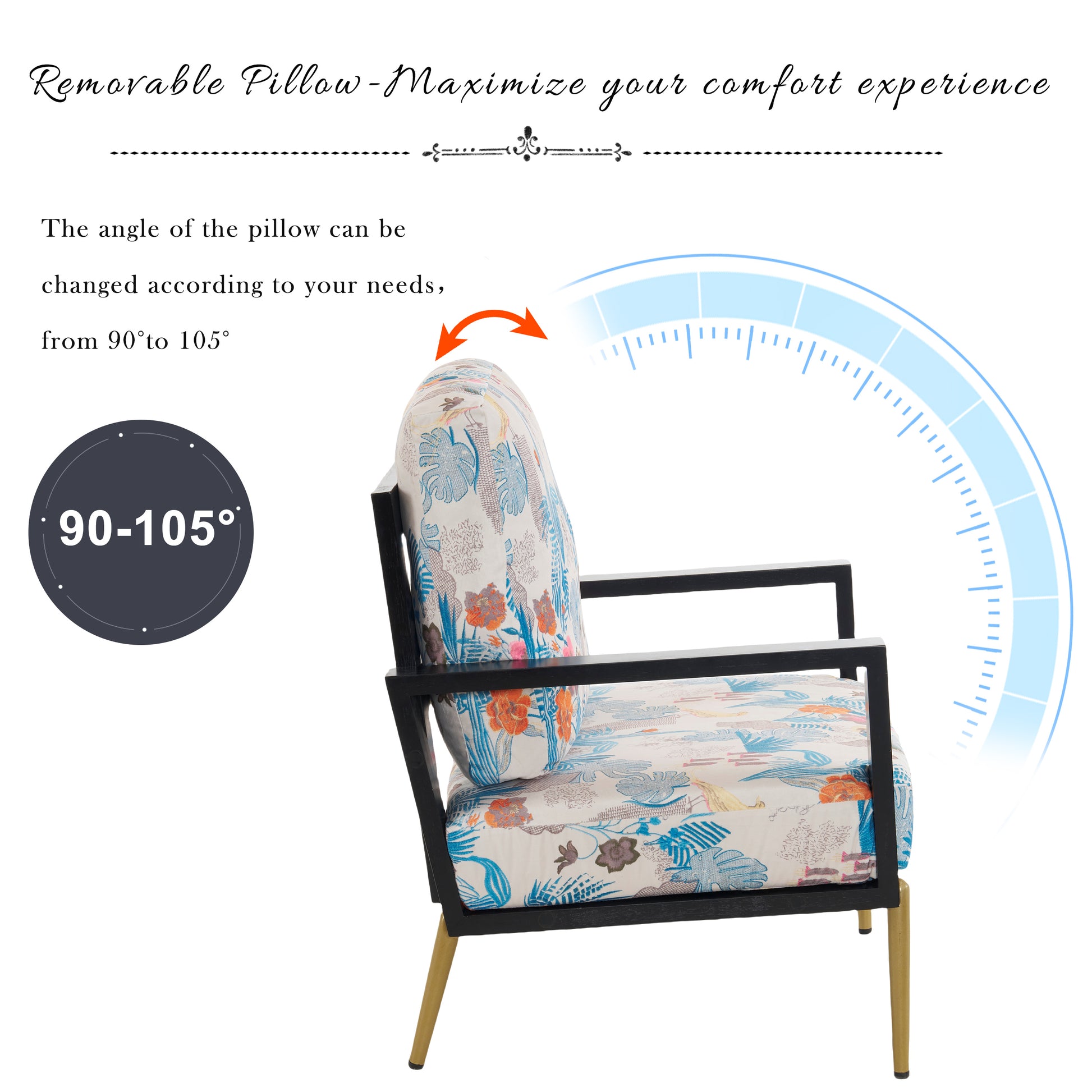 Retro Low Back Floral Print Velvet Accent Armchair With Gold Metal Legs & Rubberwood Frame, Wide Armrest Mid Century Lounge Chair With Pillow Back, Sofa Chair For Living Room & Balcony, Blue Floral