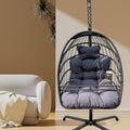 Swing Egg Chair With Stand Indoor Outdoor Wicker Rattan Patio Basket Hanging Chair With C Type Bracketwith Cushion And Pillow,Patio Wicker Folding Hanging Chair Special Construction Cup Holder Black