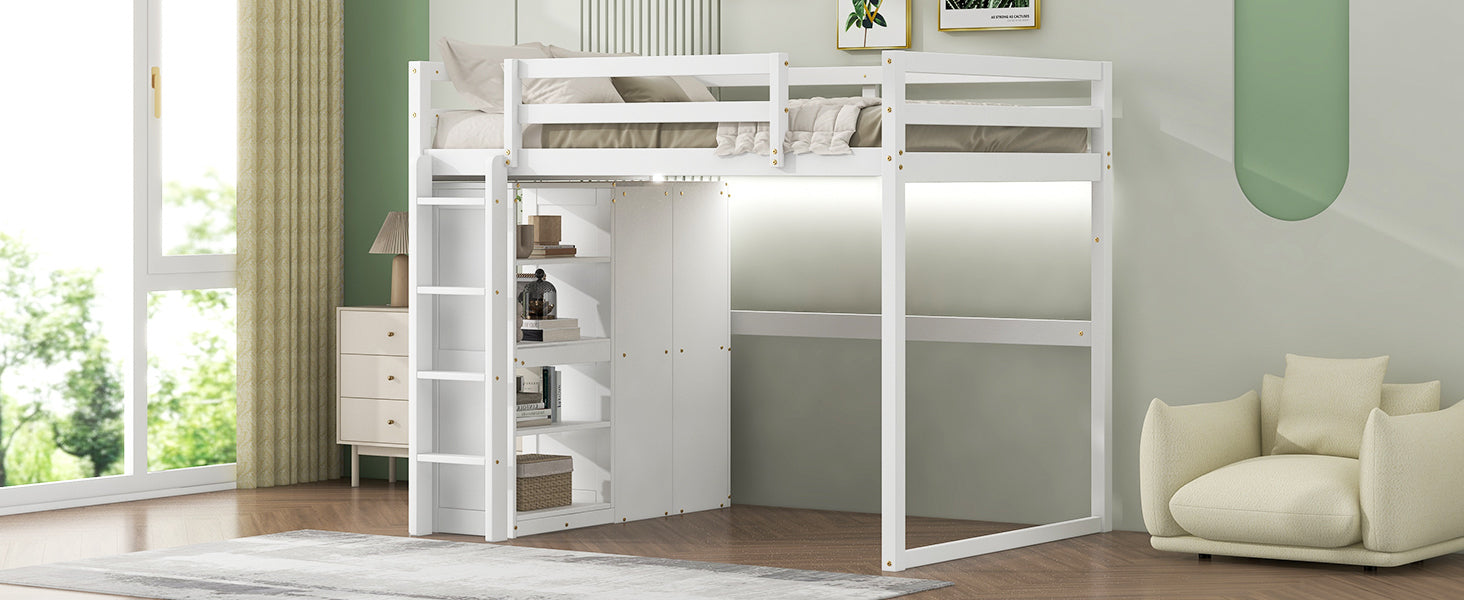 Wood Full Size Loft Bed With Built In Wardrobe And Storage Shelves, Led Light, White Box Spring Not Required Full White Wood Bedroom Bed Frame Solid Wood Mdf