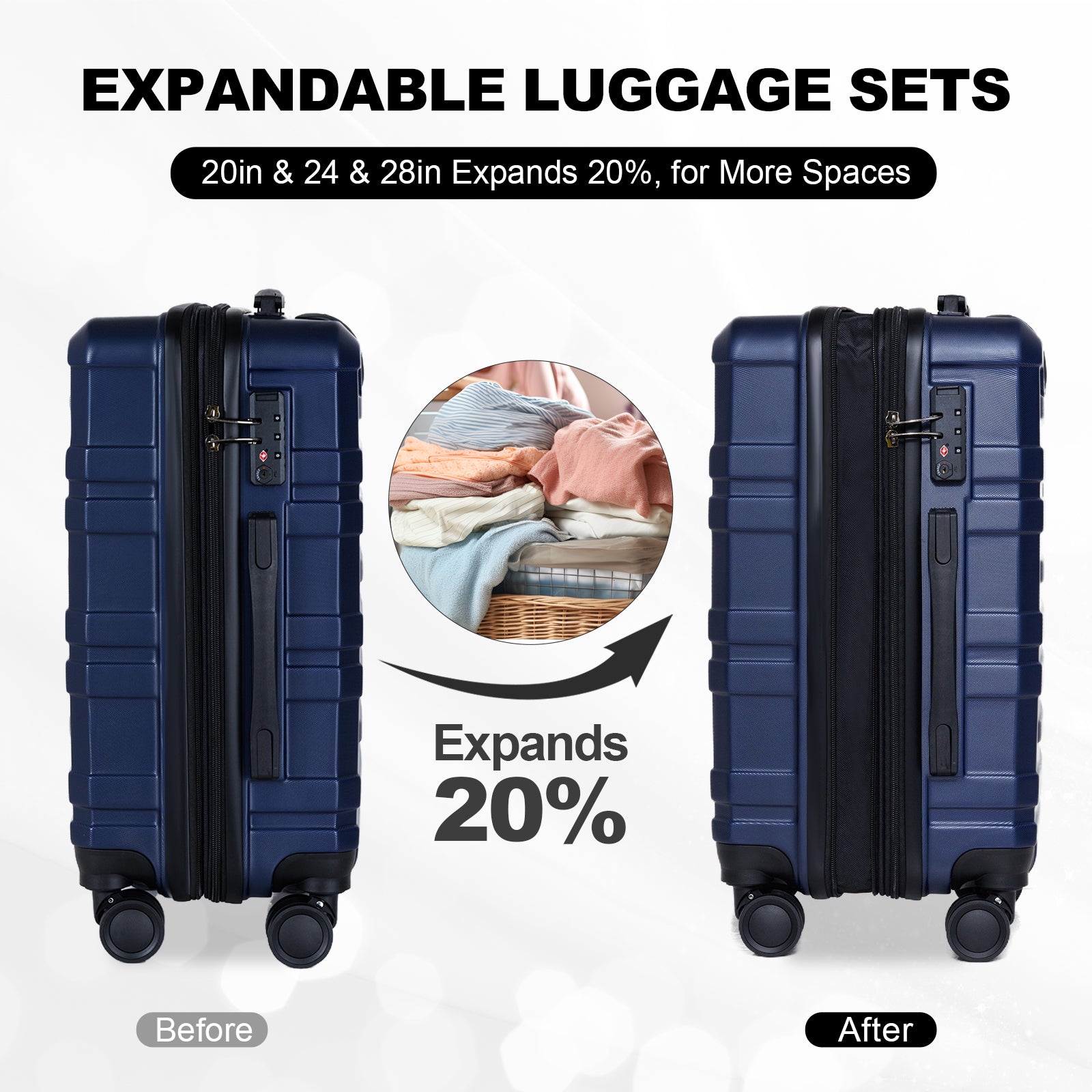 Luggage Sets 3 Piece,Carry On Luggage With Wheels,Check In Luggage,28 24 20 Inch Luggage,Tsa Approved Lock,Hardshell Suitcase,Blue Blue Abs