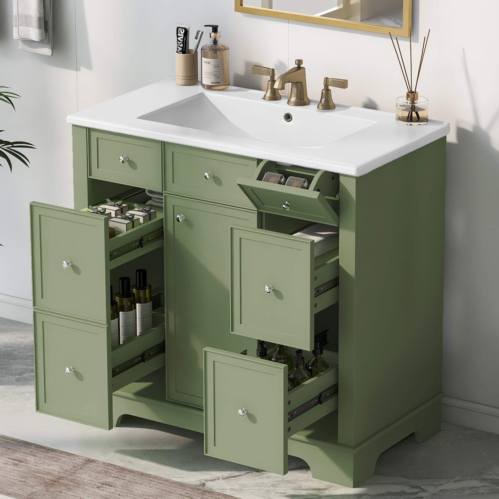 36" Bathroom Vanity With Sink, One Cabinet With Three Drawers And One Flip Drawer, Solid Wood And Mdf Board, Green Green Solid Wood Mdf